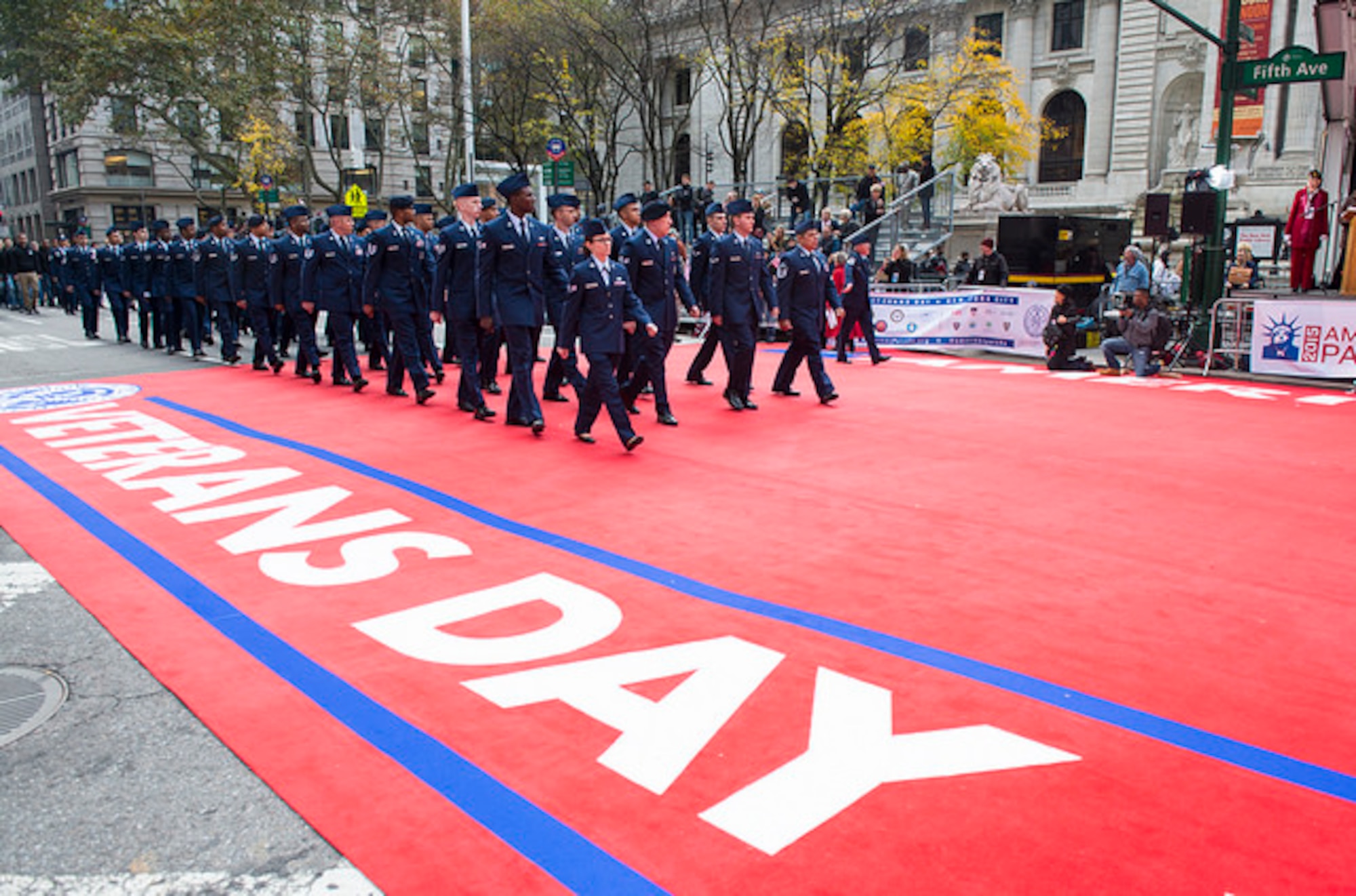 A flight of U.S. Air Force Airmen march during the 2015 America’s Parade in New York City Nov. 11. Veterans Day is a national holiday honoring and remembering all of those who serve and have served in the United States armed forces. (U.S. Air Force photo by Airman 1st Class Joshua King/RELEASED)  