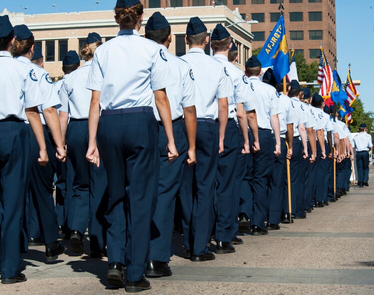 Local Junior Reserve Officers’ Training Corps cadets march in formation at the Veterans Day Parade Nov. 7, 2015 in downtown Abilene, Texas. In addition to military personnel, members from local high school JROTC programs were invited to participate in the parade. (U.S. Air Force Photo by Airman 1st Class Katherine Miller/Released) 