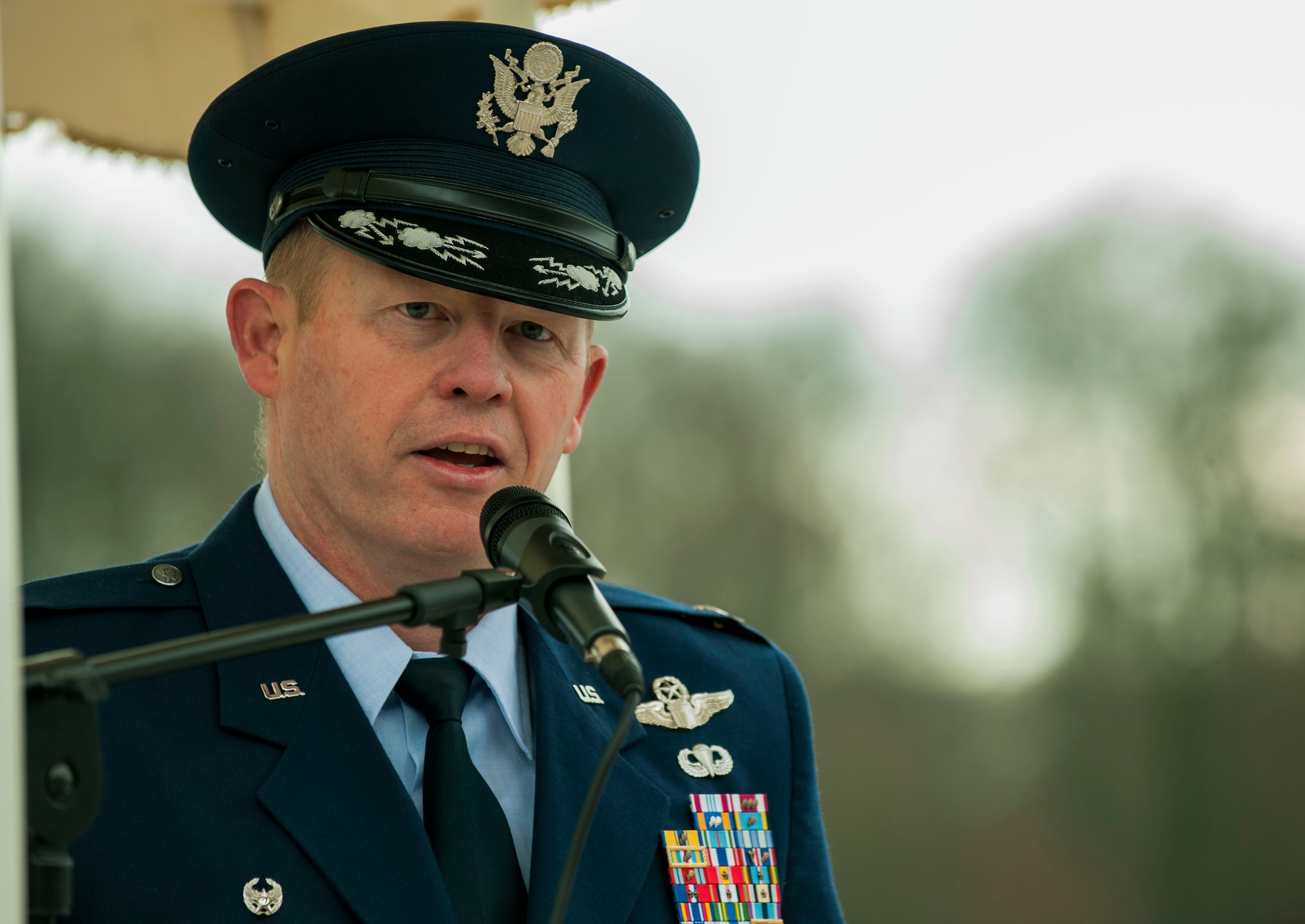 U.S. Air Force Col. Joe McFall, 52nd Fighter Wing commander, gives a speech during a wreath-laying ceremony at the Luxembourg American Cemetery and Memorial in Hamm, Luxembourg City, Luxembourg, Nov. 11, 2015. McFall and Alison Shorter-Lawrence, Charge d’ Affaires of the U.S. Embassy in Luxembourg, spoke at the ceremony, honoring, recognizing and thanking all veterans who’ve served their country. (U.S. Air Force photo by Airman 1st Class Timothy Kim/Released)