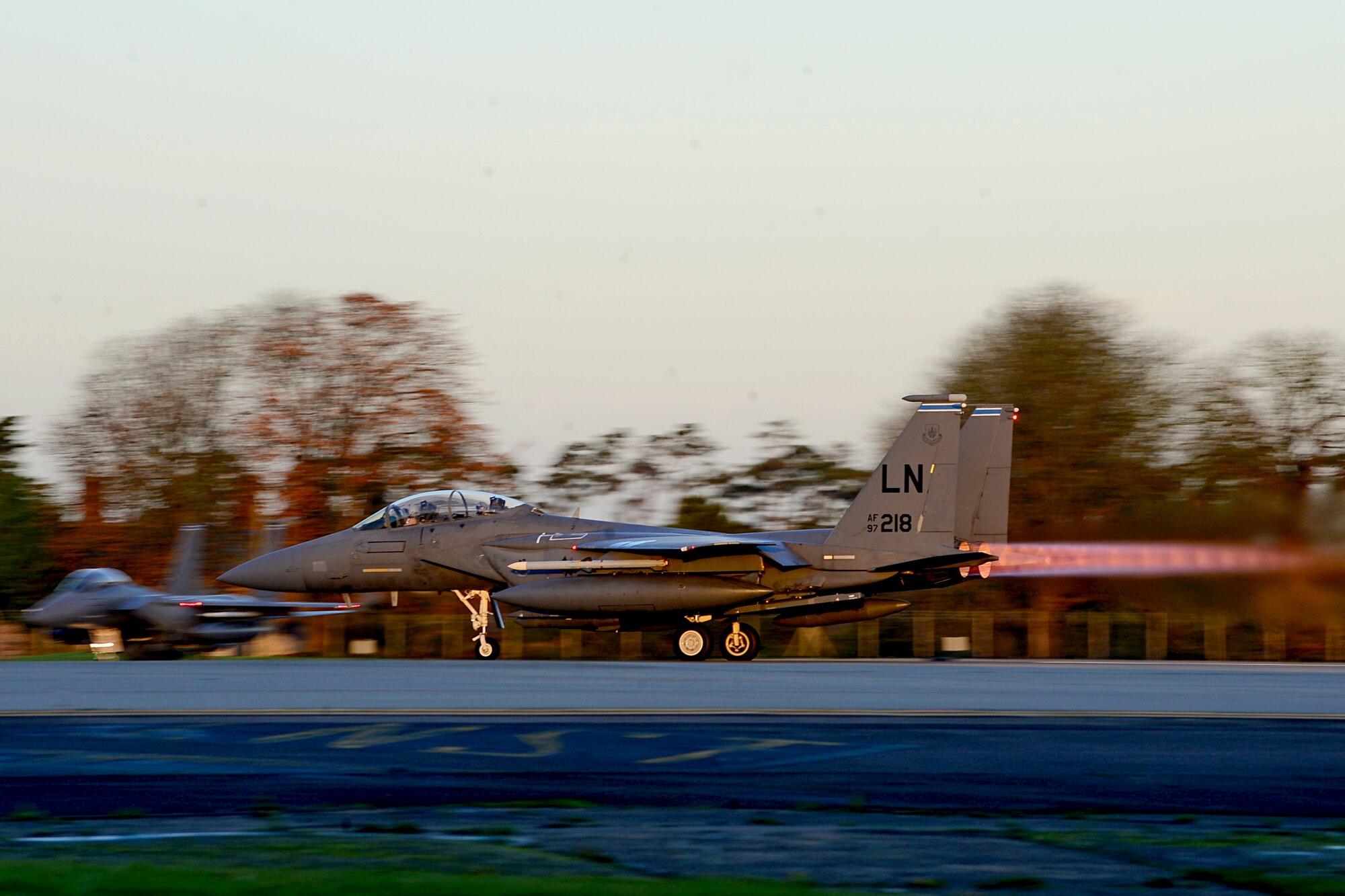 A U.S. Air Force F-15E Strike Eagle departs RAF Lakenheath to support Operation Inherent Resolve, Nov. 12, 2015. Aircraft from the 48th Fighter Wing deployed to Incirlik Air Base, Turkey, to conduct counter-ISIL missions in Iraq and Syria.  This dual-role fighter jet is designed to perform air-to-air and air-to-ground missions in all weather conditions. (U.S. Air Force photo by Senior Airman Erin Trower/Released)