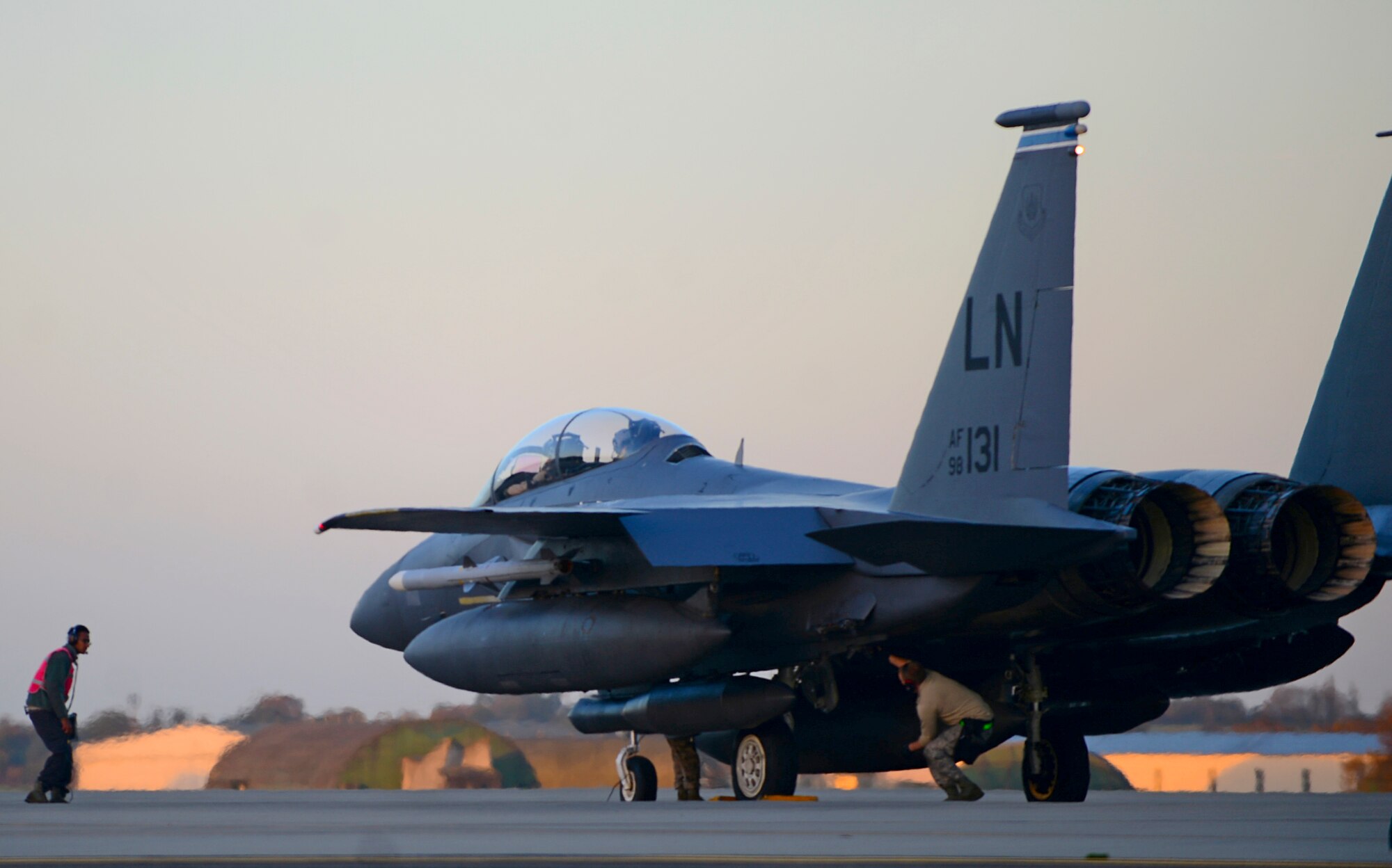 Maintainers inspect an F-15 E Strike Eagle before departure from RAF Lakenheath in support of Operation Inherent Resolve, Nov. 12, 2015. Aircraft from the 48th Fighter Wing deployed to Incirlik Air Base, Turkey, to conduct counter-ISIL missions in Iraq and Syria. This dual-role fighter designed to perform air-to-air and air-to-ground missions in all weather conditions. (U.S. Air Force photo by Senior Airman Erin Trower/Released)