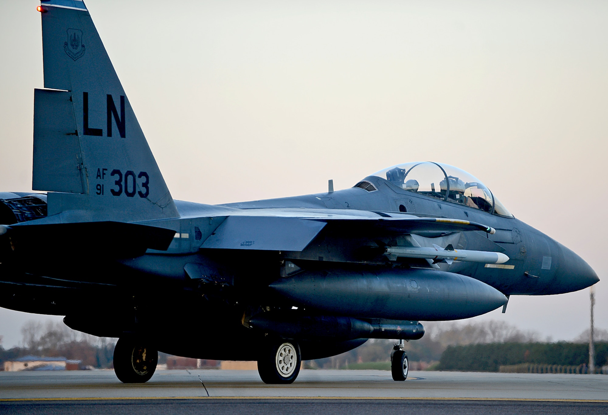 A U.S. Air Force F-15E Strike Eagle prepares to depart RAF Lakenheath to support Operation Inherent Resolve, Nov. 12, 2015. Aircraft from the 48th Fighter Wing deployed to Incirlik Air Base, Turkey, to conduct counter-ISIL missions in Iraq and Syria.  This dual-role fighter jet is designed to perform air-to-air and air-to-ground missions in all weather conditions. (U.S. Air Force photo by Senior Airman Erin Trower/Released)