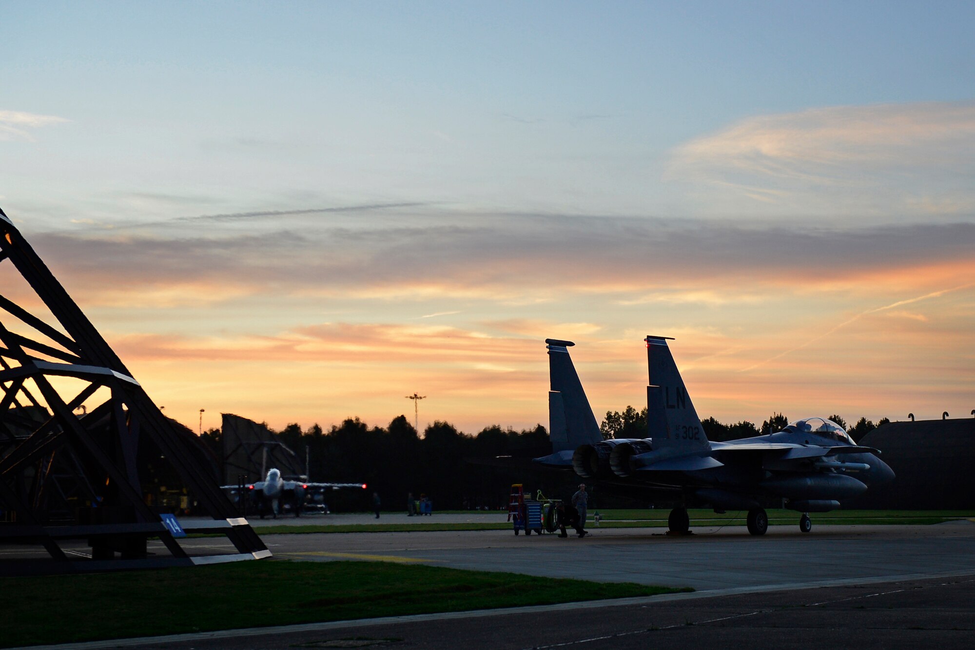 A U.S. Air Force F-15E Strike Eagle prepares to depart RAF Lakenheath to support Operation Inherent Resolve, Nov. 12, 2015. Aircraft from the 48th Fighter Wing deployed to Incirlik Air Base, Turkey, to conduct counter-ISIL missions in Iraq and Syria.  This dual-role fighter jet is designed to perform air-to-air and air-to-ground missions in all weather conditions.  (U.S. Air Force photo by Airman 1st Class Erin R. Babis/Released)