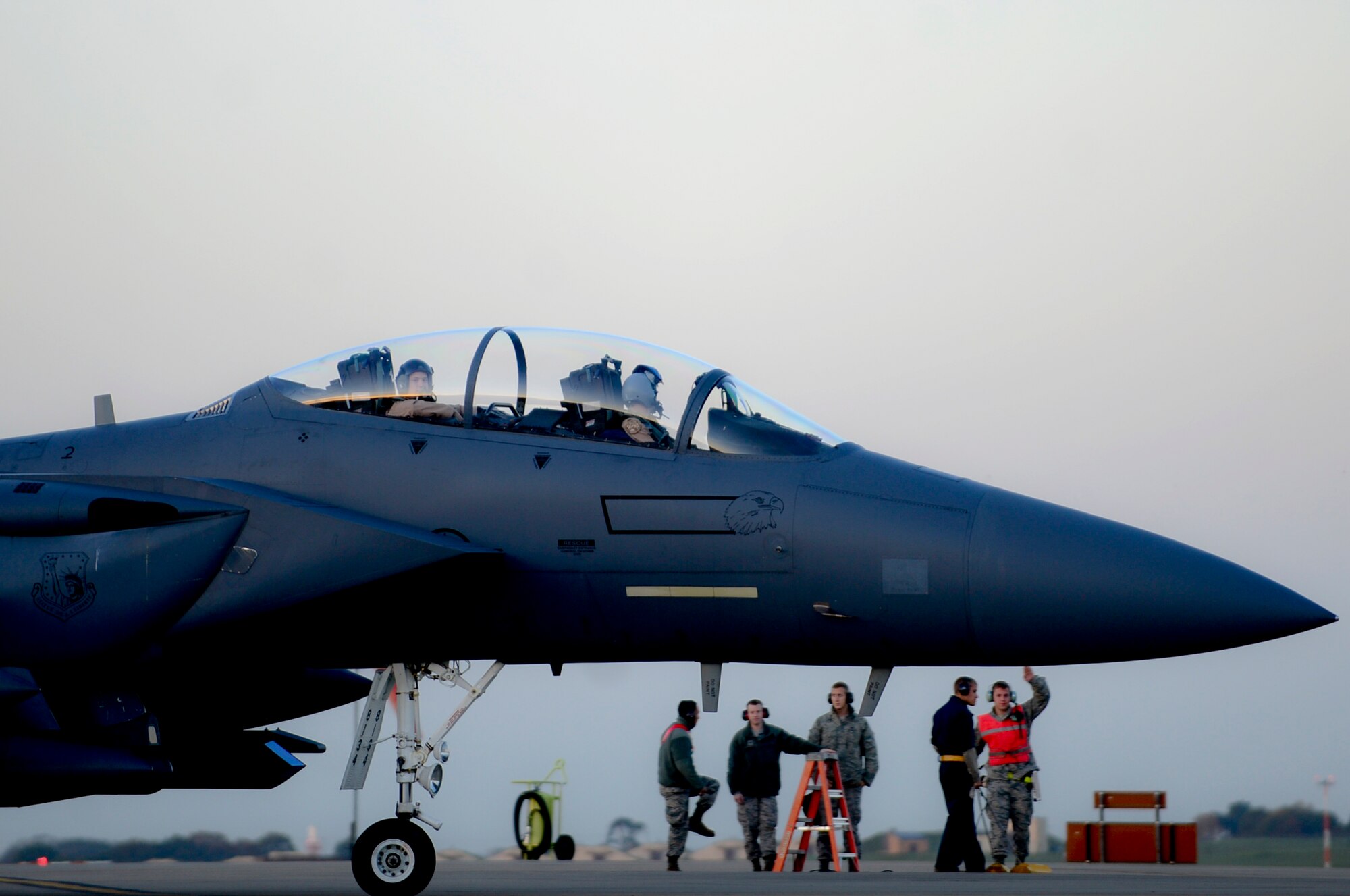 A U.S. Air Force F-15E Strike Eagle prepares to depart RAF Lakenheath to support Operation Inherent Resolve, Nov. 12, 2015. Aircraft from the 48th Fighter Wing deployed to Incirlik Air Base, Turkey, to conduct counter-ISIL missions in Iraq and Syria.  This dual-role fighter jet is designed to perform air-to-air and air-to-ground missions in all weather conditions. (U.S. Air Force photo by Senior Airman Erin Trower/Released)