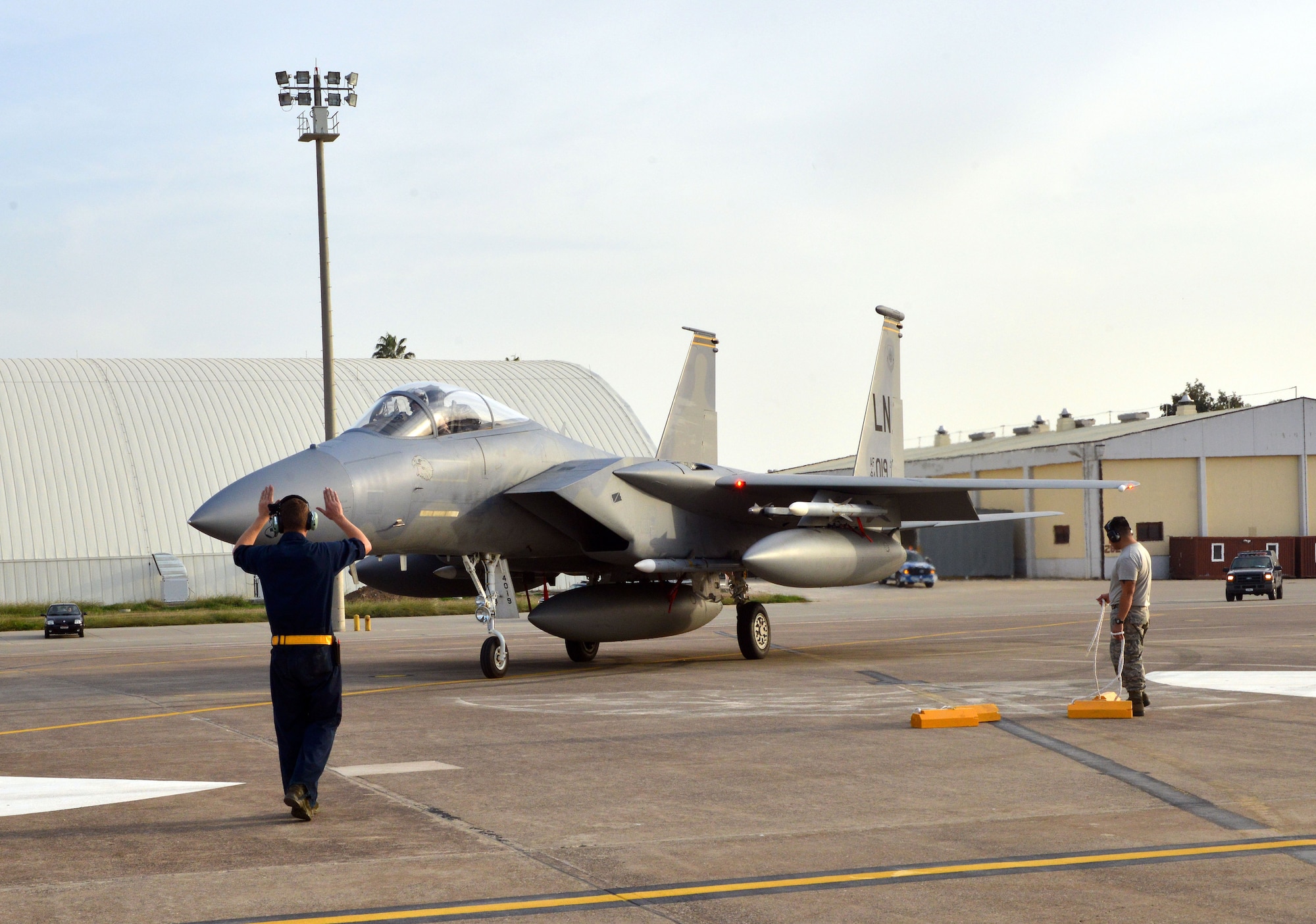 An F-15C Eagle from the 493rd Fighter Squadron at RAF Lakenheath, UK, taxis into a parking spot Nov. 6, 2015, at Incirlik Air Base, Turkey. The six F-15Cs are deployed to Incirlik to conduct combat air patrols in Turkish air space.The U.S. and Turkey, as NATO allies, share a commitment to peace and stability in the region. (U.S. Air Force photo by Staff Sgt. Michael Battles/Released)