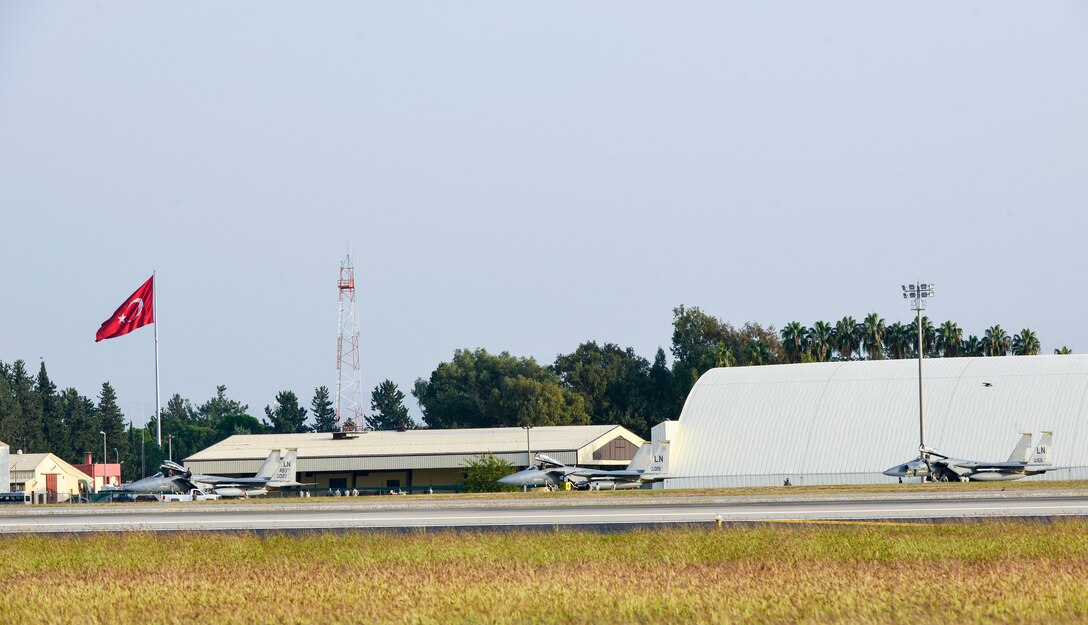 Six F-15C Eagles from the 493rd Fighter Squadron at RAF Lakenheath, UK, park at Incirlik Air Base, Turkey Nov. 6, 2015. The six F-15Cs deployed are Incirlik to conduct combat air patrols in Turkish air space . As an air-to-air fighter aircraft, the F-15C specializes in gaining and maintaining air superiority. (U.S. Air Force photo by Airman 1st Class Cory W. Bush/Released)