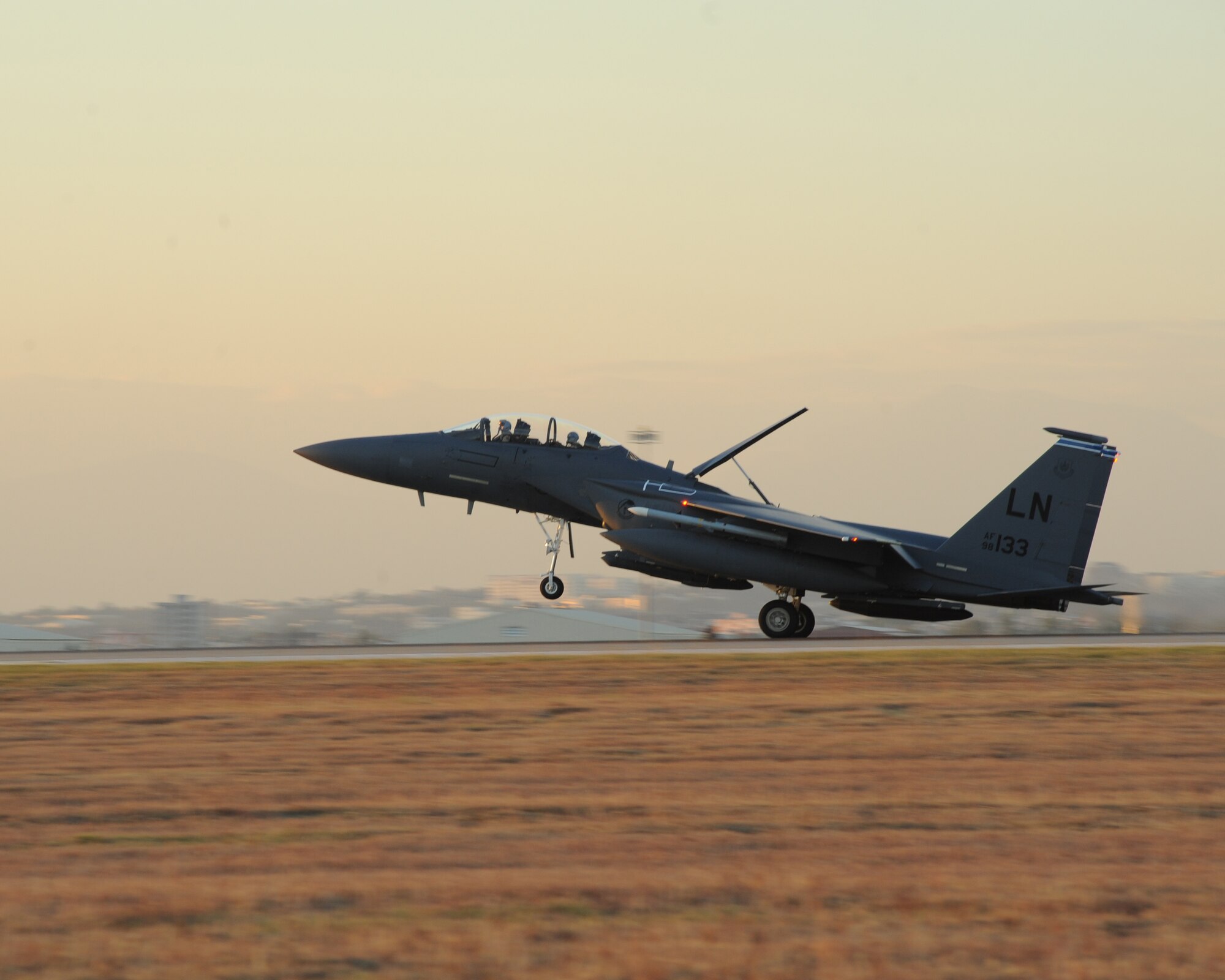 A U.S. Air Force F-15E Strike Eagle lands Nov. 12, 2015, at Incirlik Air Base, Turkey. Six F-15Es deployed to Incirlik AB from the 48th Fighter Wing based at RAF Lakenheath, UK, in support of Operation Inherent Resolve and counter-ISIL missions in Iraq and Syria. The F-15E Strike Eagle is designed to perform air-to-air and air-to-ground missions, and specializes in gaining and maintaining air superiority. (U.S. Air Force photo by Airman 1st Class Daniel Lile/Released)