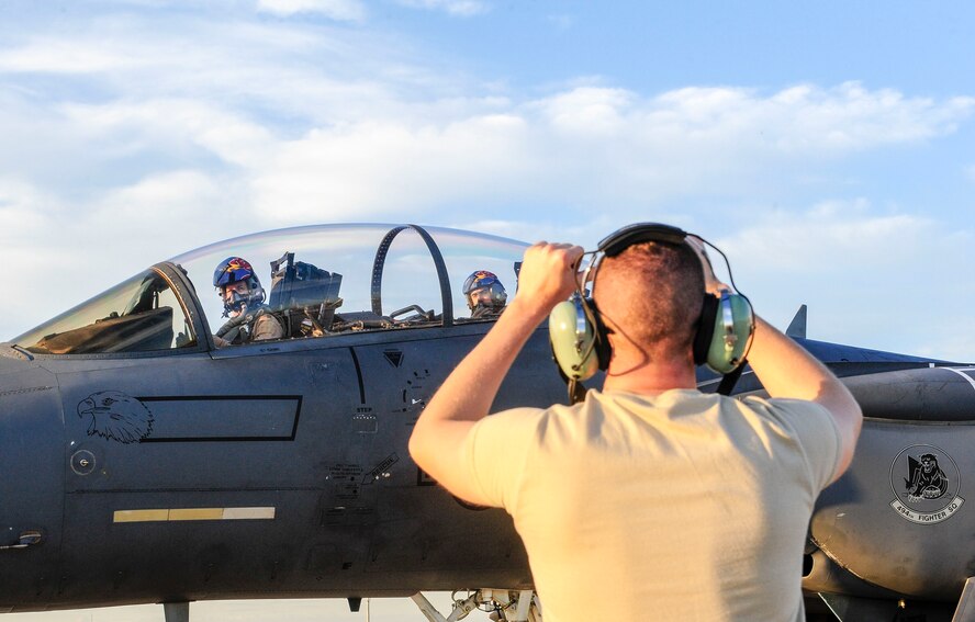 U.S. Air Force F-15E Strike Eagle parks shortly after landing Nov. 12, 2015, at Incirlik Air Base, Turkey. Six F-15Es from the 48th Fighter Wing based at RAF Lakenheath, UK, deployed to Incirlik AB in support of Operation Inherent Resolve. The U.S. defense relationship with allies like Turkey is critical to ensuring security for the U.S., NATO, and regional partners.  (U.S. Air Force photo by Airman 1st Class Cory W. Bush/Released)