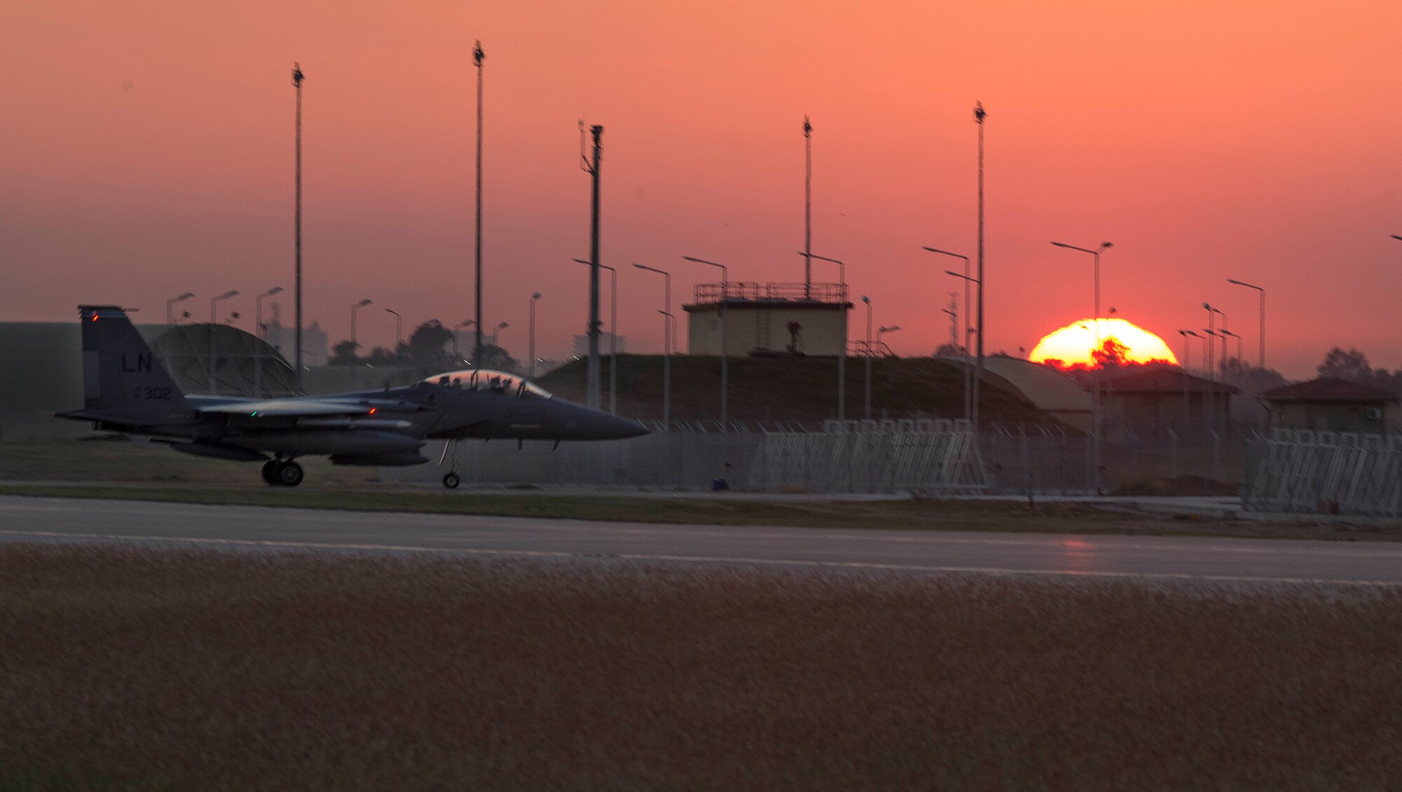 A U.S. Air Force F-15E Strike Eagle taxis the runway Nov. 12, 2015, at Incirlik Air Base, Turkey. Six F-15Es from the 48th Fighter Wing, RAF Lakenheath, UK, deployed to Incirlik in support of Operation Inherent Resolve and counter-ISIL missions in Iraq and Syria. These aircraft are designed to perform air-to-air and air-to-ground missions in all weather conditions.  (U.S. Air Force photo by Staff Sgt. Eboni Reams/Released)