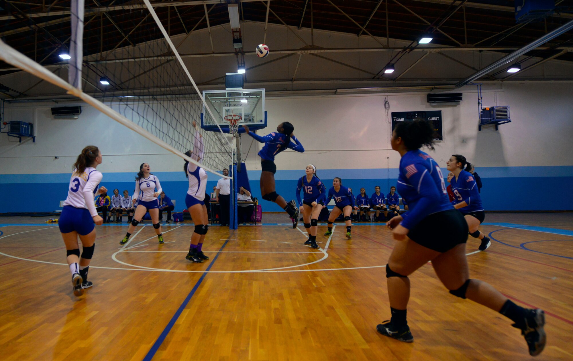 Denee Lawrence, Ramstein Royals, spikes the ball during the Department of Defense Dependents Schools European volleyball championships Nov. 7, 2015, at Ramstein Air Base, Germany. Lawrence was awarded the most valuable player honors for the Royals within the Division I category. (U.S. Air Force photo/Staff Sgt. Sharida Jackson)