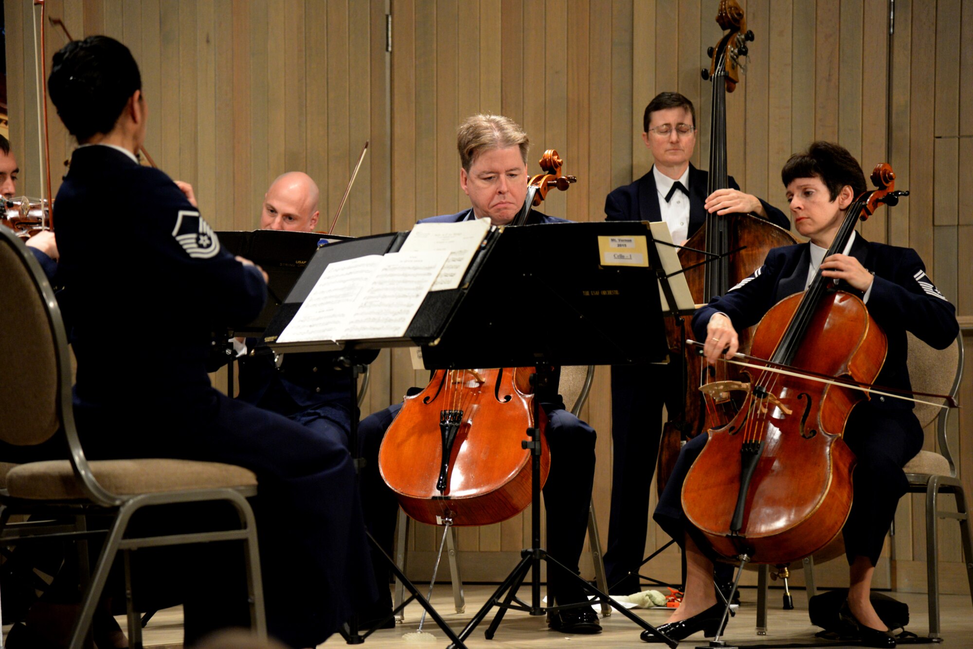 The United States Air Force Band's String Orchestra performs during a Veterans Day celebration in the Robert H. & Clarice Smith Auditorium on Mount Vernon, Va., Nov. 11, 2015. The band performed during the Mount Vernon Salutes Veterans event that pays tribute to current and former military members. (U.S. Air Force photo/Staff Sgt. Matt Davis)