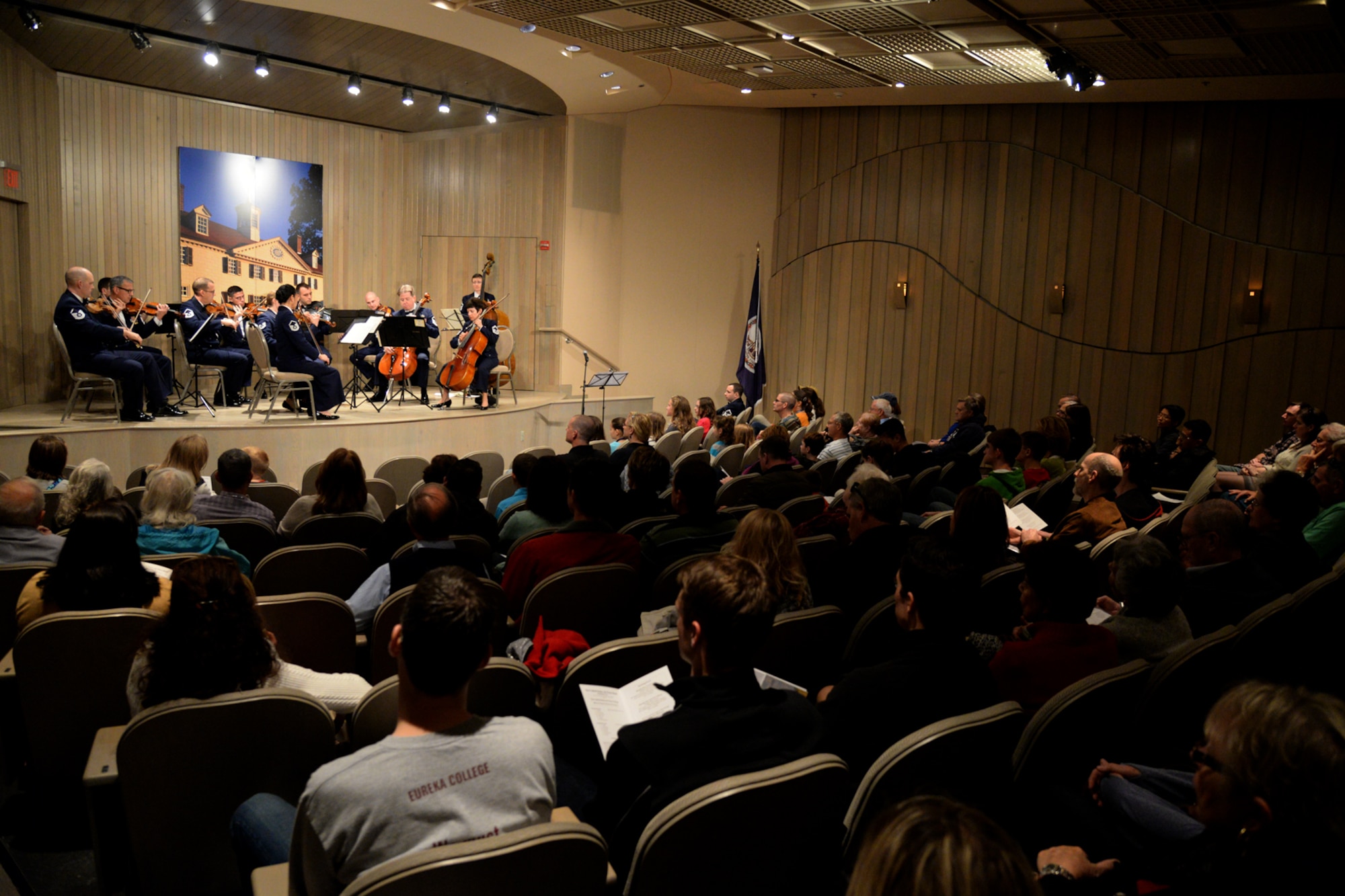 The United States Air Force Band's String Orchestra performs during a Veterans Day celebration in the Robert H. & Clarice Smith Auditorium on Mount Vernon, Va., Nov. 11, 2015. The band performed during the Mount Vernon Salutes Veterans event that pays tribute to current and former military members. (U.S. Air Force photo/Staff Sgt. Matt Davis)