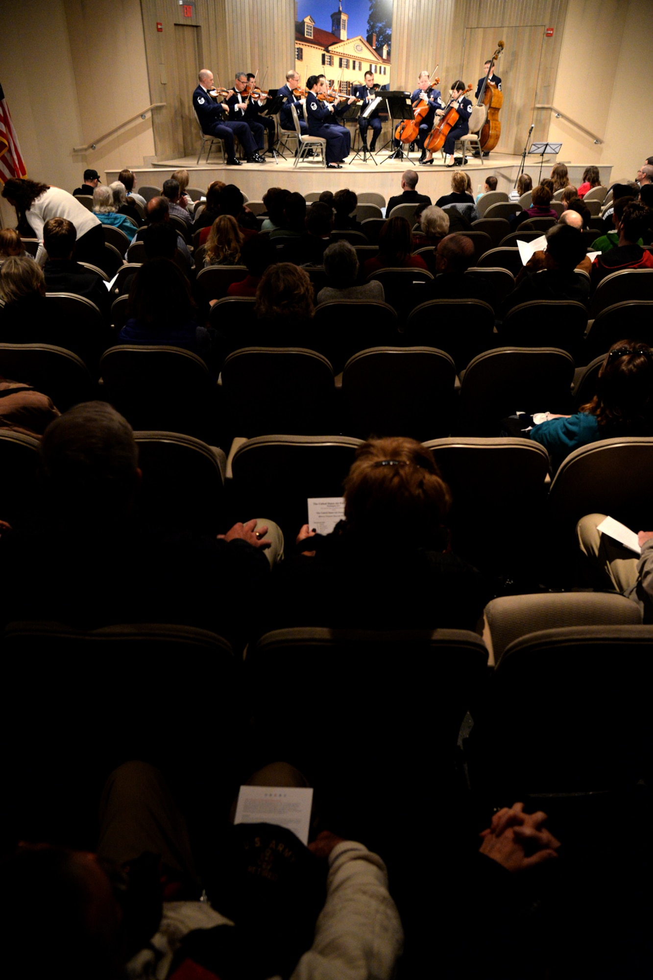 The United States Air Force Band's String Orchestra performs during a Veterans Day celebration in the Robert H. & Clarice Smith Auditorium on Mount Vernon, Va., Nov. 11, 2015. The band performed during the Mount Vernon Salutes Veterans event that pays tribute to current and former military members. (U.S. Air Force photo/Staff Sgt. Matt Davis)