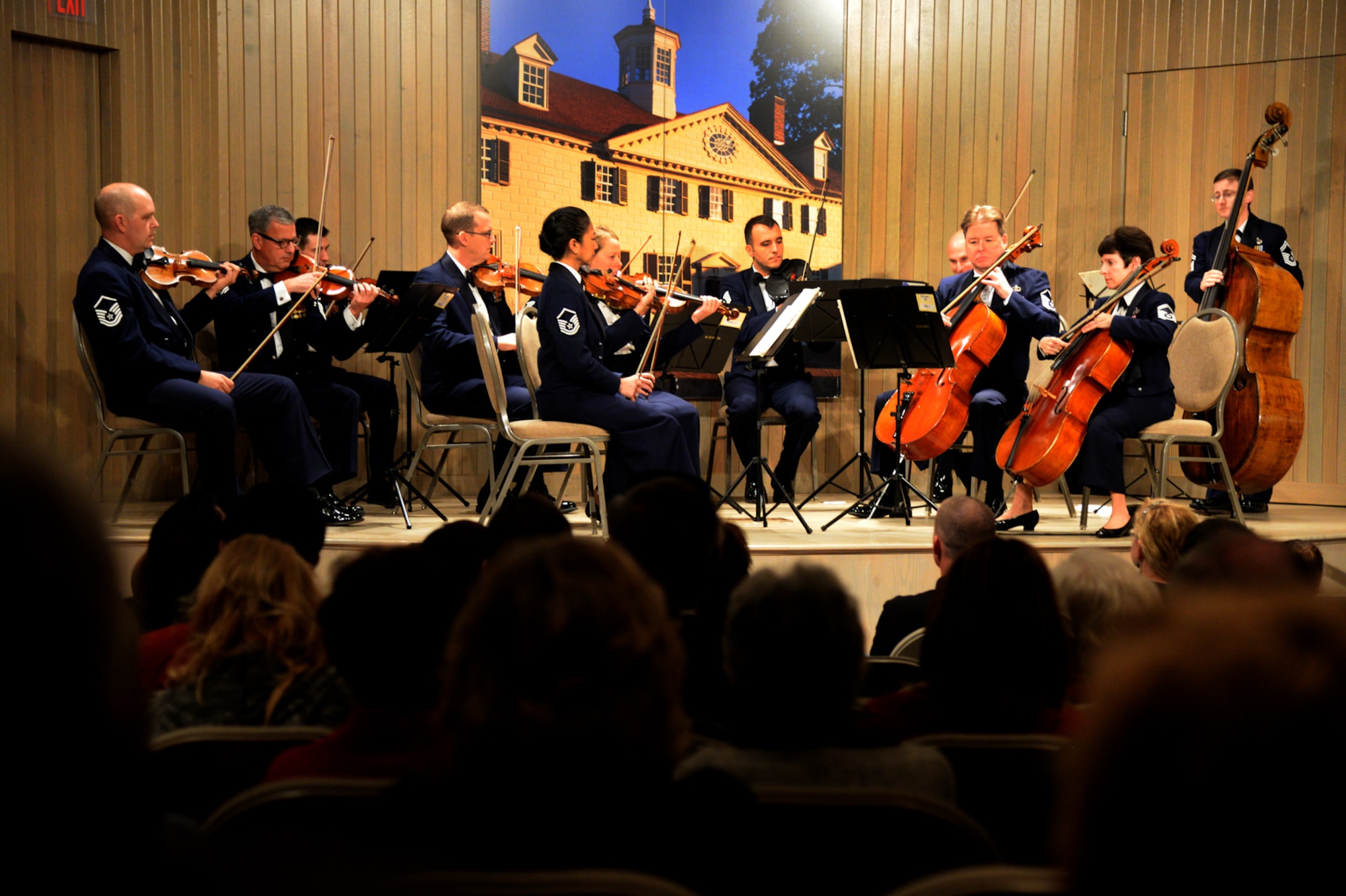 The United States Air Force Band's String Orchestra performs during a Veterans Day celebration in the Robert H. & Clarice Smith Auditorium on Mount Vernon, Va., Nov. 11, 2015. The band performed during the Mount Vernon Salutes Veterans event that pays tribute to current and former military members. (U.S. Air Force photo/Staff Sgt. Matt Davis)