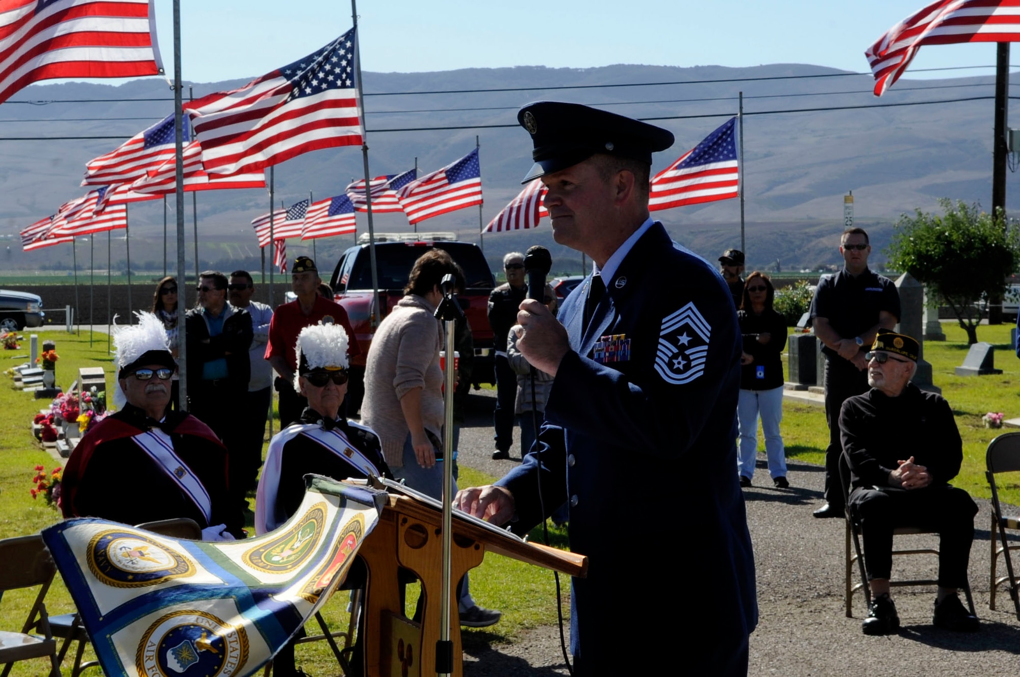 Chief Master Sgt. Robert Bedell, 30th Space Wing command chief, speaks at a Veterans Day ceremony in Guadalupe, Nov. 11, 2015, Vandenberg Air Force Base, Calif. In observance of Veterans Day, 30th Space Wing leadership recently represented Vandenberg during various ceremonies, honoring those who have answered their nation’s call. (U.S. Air Force photo by Senior Airman Shane Phipps/Released)