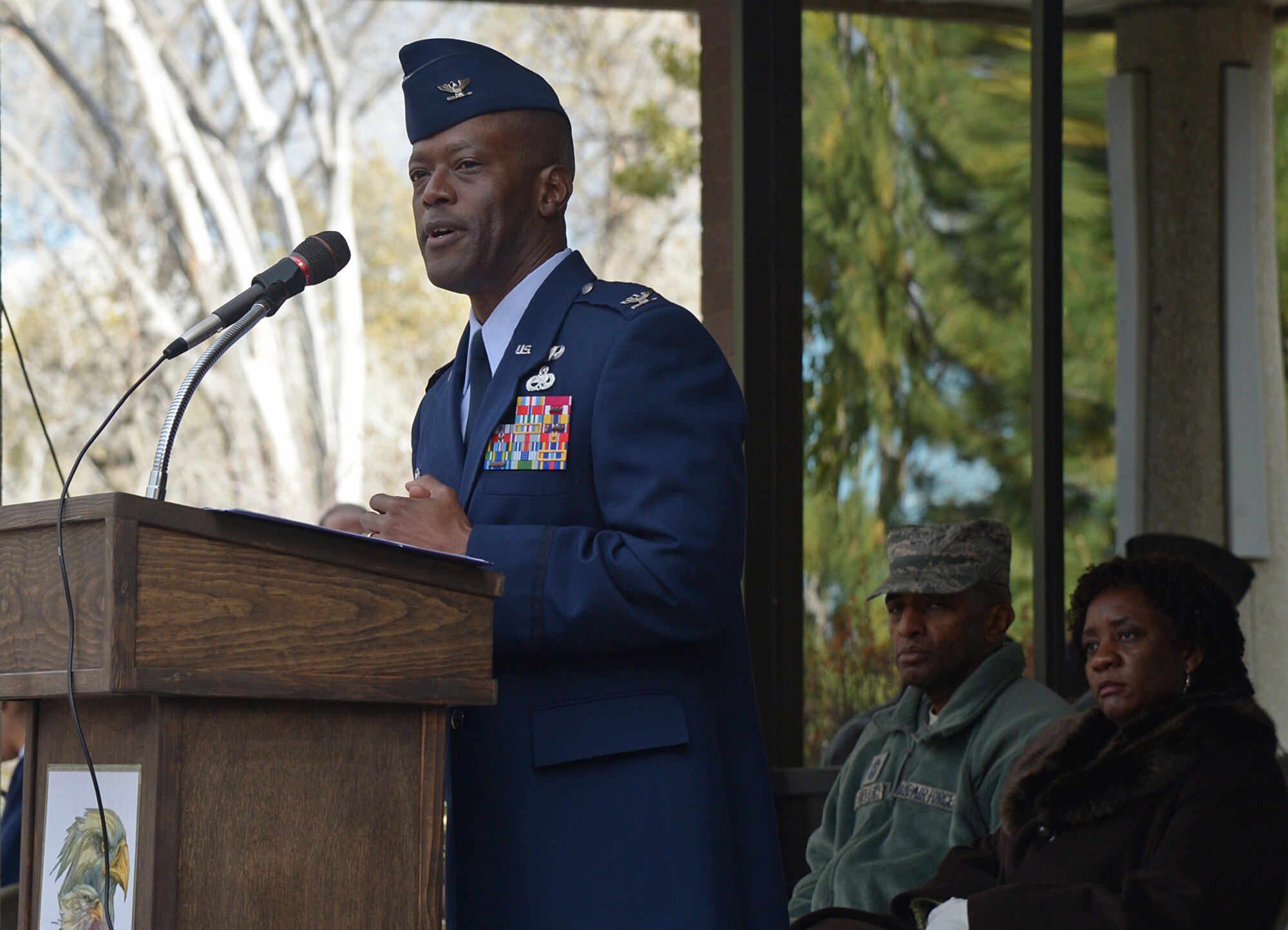 75th Air Base Wing Commander Col. Ronald E. Jolly Sr. gives the keynote address during the 2015 Veterans Day memorial service held Nov. 11 at the Riverdale City Offices in Riverdale City, Utah. During his remarks, Jolly said that military veterans make up just one percent of the nation’s population and that they and their families should be proud of the sacrifices they made in service to their country. (U.S. Air Force photo/Alex R. Lloyd)