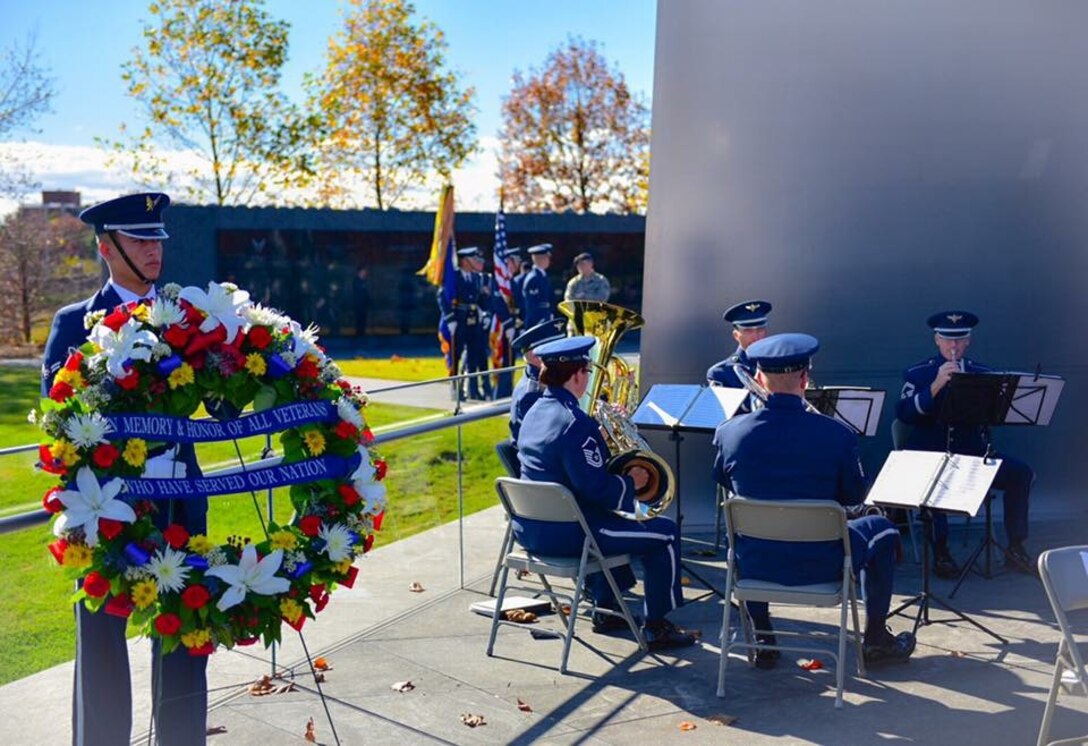 The United States Air Force Band Ceremonial Brass Quintet performed for the Air Force Memorial's Veterans Day wreath laying ceremony.  (U.S. Air Force Photo by Senior Master Sgt Kevin Burns/released)
