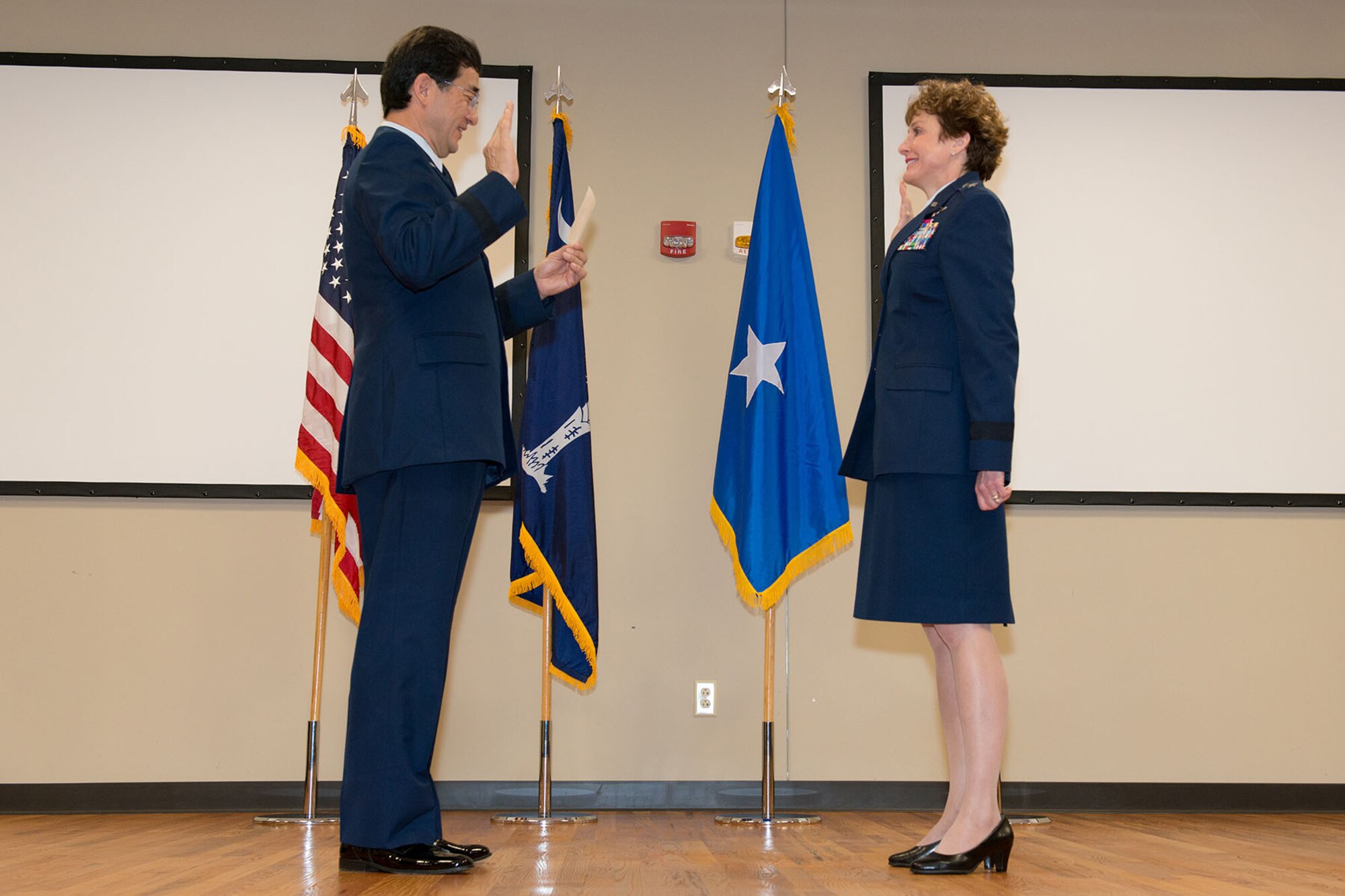 U.S. Air Force Col. Theresa Prince, Air National Guard Assistant to the Chief Nurse Corps at the Defense Health Headquarters, is promoted to the rank of Brig. Gen. in the South Carolina Air National Guard at McEntire Joint National Guard Base, Eastover, S.C., Nov. 7, 2015.  Prince has 37 years of military experience, 19 in the South Carolina Air National Guard and is the first female to be promoted as a general officer in the unit. (U.S. Air National Guard photo by Tech. Sgt. Jorge Intriago/Released)