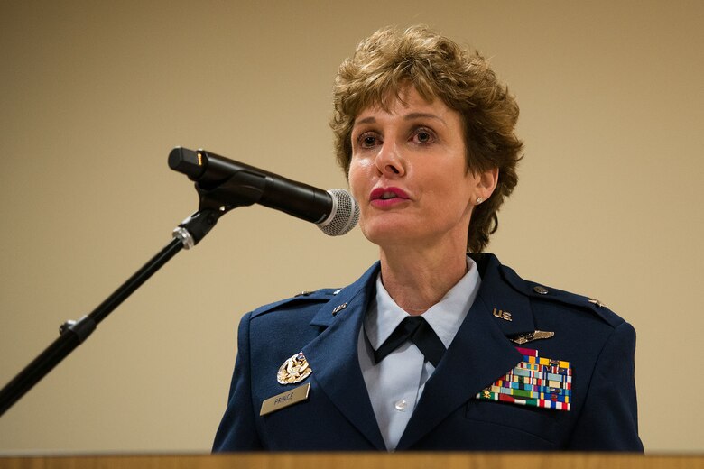 U.S. Air Force Col. Theresa Prince, Air National Guard Assistant to the Chief Nurse Corps at the Defense Health Headquarters, is promoted to the rank of Brig. Gen. in the South Carolina Air National Guard at McEntire Joint National Guard Base, Eastover, S.C., Nov. 7, 2015.  Prince has 37 years of military experience, 19 in the South Carolina Air National Guard and is the first female to be promoted as a general officer in the unit. (U.S. Air National Guard photo by Tech. Sgt. Jorge Intriago/Released)