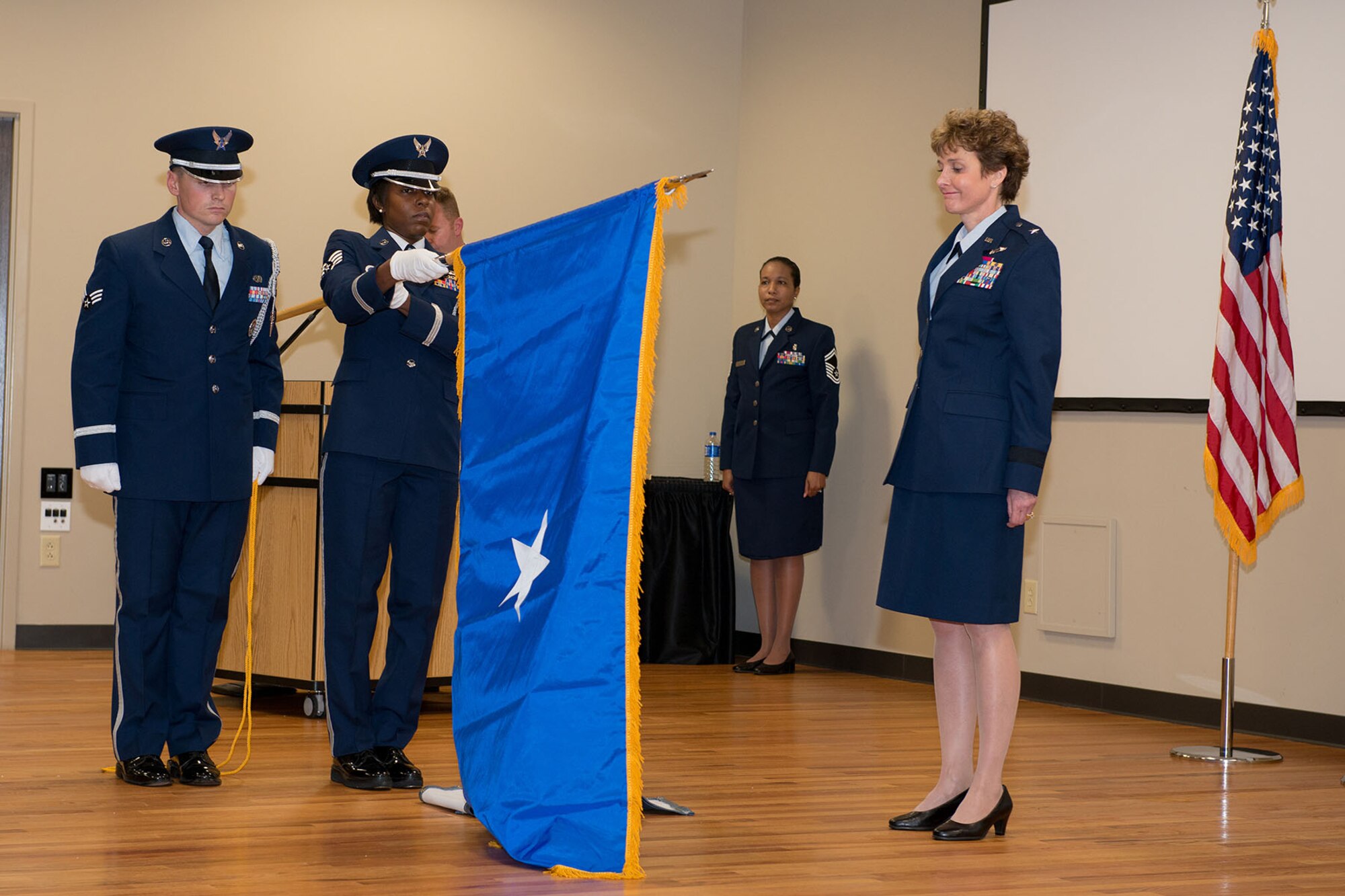 U.S. Air Force Col. Theresa Prince, Air National Guard Assistant to the Chief Nurse Corps at the Defense Health Headquarters, is promoted to the rank of Brig. Gen. in the South Carolina Air National Guard at McEntire Joint National Guard Base, Eastover, S.C., Nov. 7, 2015.  Prince has 37 years of military experience, 19 in the South Carolina Air National Guard and is the first female to be promoted as a general officer in the unit. (U.S. Air National Guard photo by Tech. Sgt. Jorge Intriago/Released)