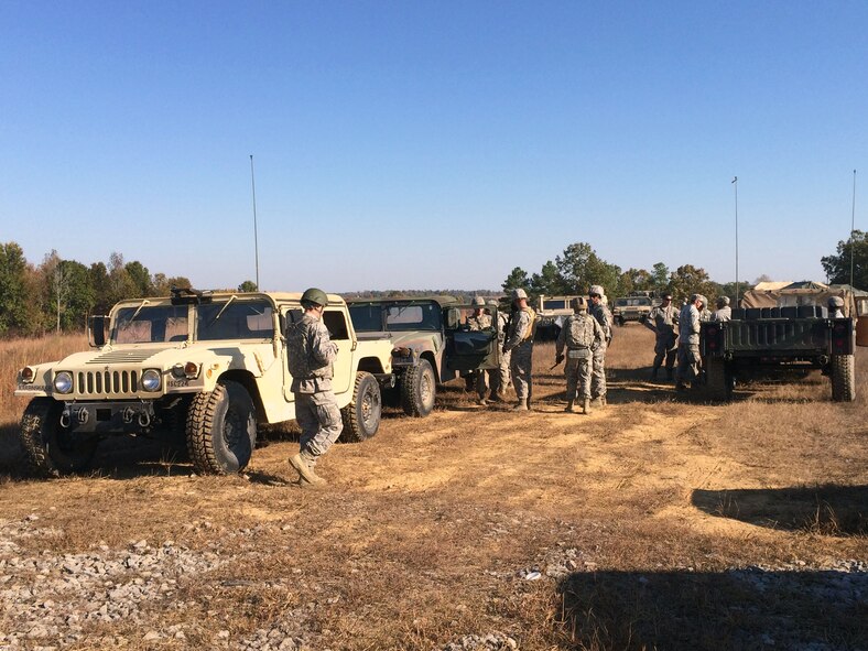 Airmen from the 15th Operational Weather Squadron and the 18th Weather prepare for convoy operations exercises during a recent five day field training exercise at Fort Campbell, Kentucky. The 41 weather Airmen in attendance all support the Army in some capacity with their mission.  (U.S. Air Force courtesy photo)