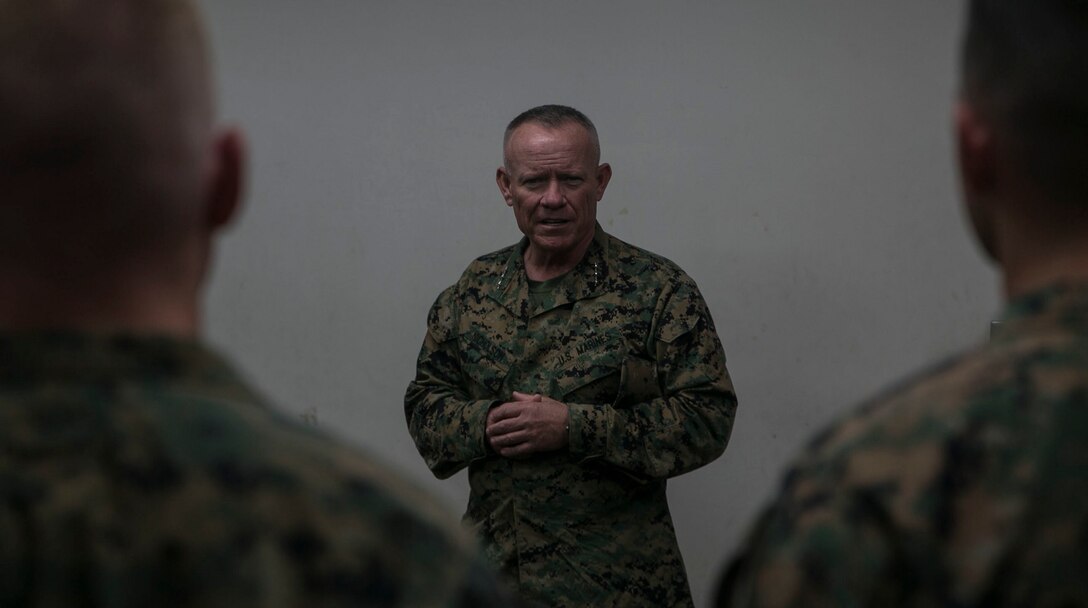 U.S. Marine Corps Lt. Gen. Larry D. Nicholson visits Marines in Tokyo, Japan, Nov. 11 during the Japan Self-Defense Force Marching Band Festival. The festival, held at the Nippon Budokan Arena in Tokyo, involves military bands from the U.S., Republic of Korea and Japan. It provides an opportunity to bond between nations through music and military culture. Nicholson, from Toronto, is the commanding general of III Marine Expeditionary Force. The Marines performing in the festival are with III MEF Band, III MEF. (U.S. Marine Corps photo by Cpl. William Hester/ Released)