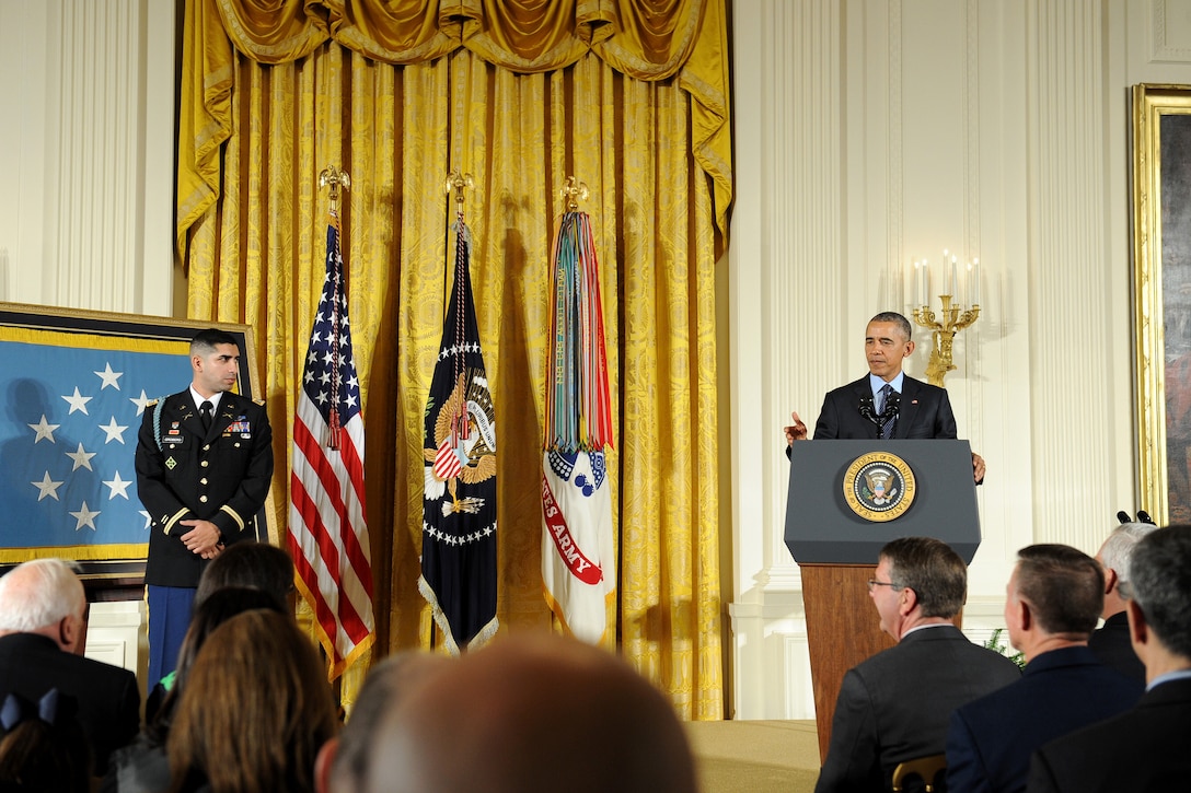 President Barack Obama addresses the audience before he presented the Medal of Honor to retired Army Capt. Florent A. Groberg at the White House, Nov. 12, 2015. U.S. Army photo by Eboni L. Everson-Myart    