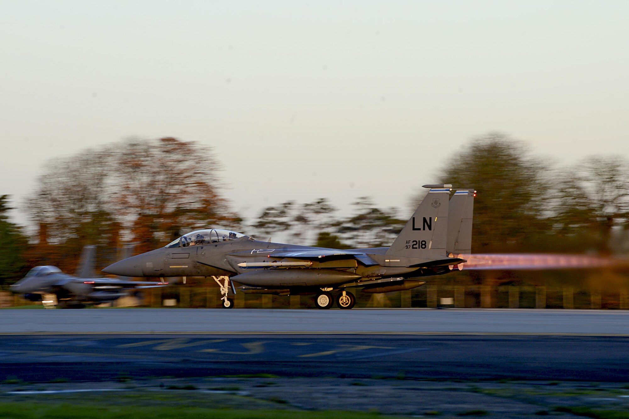 An F-15E Strike Eagle departs Royal Air Force Lakenheath, England, to support Operation Inherent Resolve Nov. 12, 2015. Aircraft from the 48th Fighter Wing deployed to Incirlik Air Base, Turkey, to conduct counter-Islamic State of Iraq and the Levant missions in Iraq and Syria. The dual-role fighter jet is designed to perform air-to-air and air-to-ground missions in all weather conditions. (U.S. Air Force photo/Senior Airman Erin Trower)