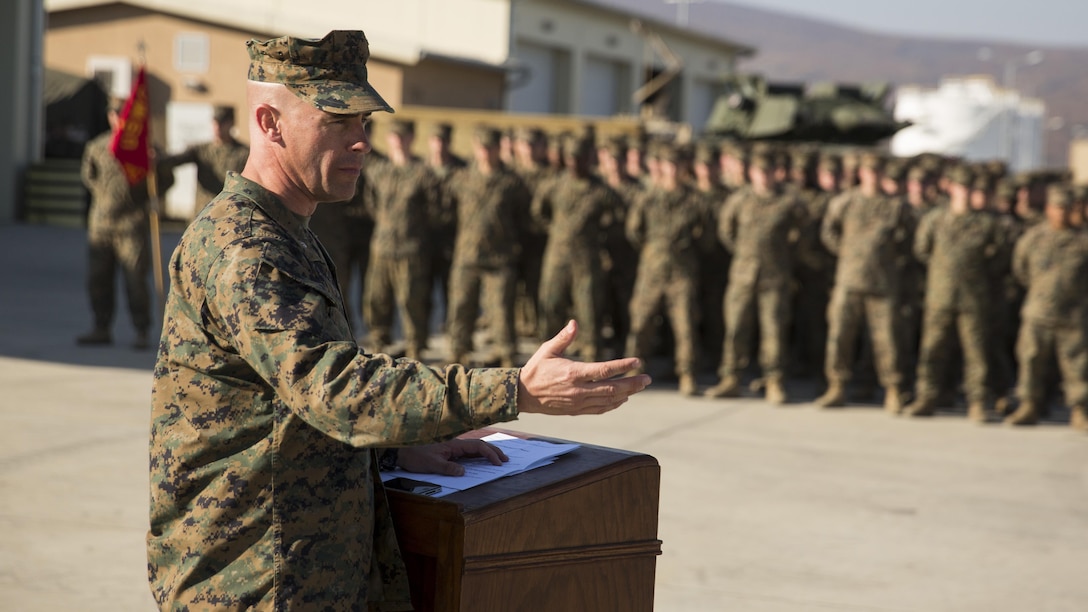 U.S. Marines with the Combined Arms Company, Bulgarian and Romanian service members conduct the closing ceremony, marking the end of Platinum Lion 16-1 at Novo Selo Training Area, Bulgaria, Nov. 6, 2015. Platinum Lion, the first multinational live-fire engagement in which the Combined Arms Company participated, is a NATO-led exercise designed to increase readiness and build partner capacity through realistic combat scenarios and objective-focused training. 