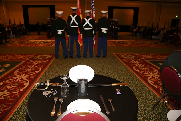 The Fallen Marine Table is displayed at the 240th Marine Corps Birthday Ball at the Marriot Resort and Spa in Hilton Head, S.C. Nov. 6. The table honors Marines who have died in combat. 