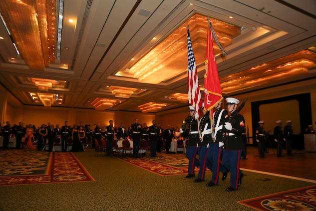 The color guard marches during the Marine Corps Birthday Ball at the Marriot Resort and Spa in Hilton Head, S.C. Nov. 6. Marines will celebrate the 240th year of the Marine Corps with birthday balls throughout the month of November. The Marines are with Headquarters and Headquarters Squadron, Marine Corps Air Station Beaufort. 