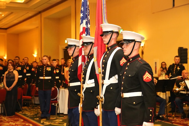 Marines celebrate the Marine Corps Birthday at the Marriot Resort and Spa in Hilton Head, S.C. Nov. 6. Marine Corps Air Station Beaufort and the Tri-command will hold ceremonies to honor the 240th year of the Marine Corps throughout November. The Marines are with Headquarters and Headquarters Squadron, Marine Corps Air Station Beaufort. 