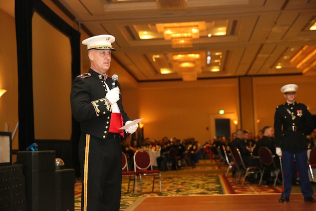 Col. Peter D. Buck welcomes Marines to the Marine Corps Birthday Ball at the Marriot Resort and Spa in Hilton Head, S.C. Nov. 6. Nov. 10 marks the 240th year the Marine Corps has been in existence and Marines will celebrate with birthday balls all over the world. Buck is the commanding officer of Marine Corps Air Station Beaufort. 