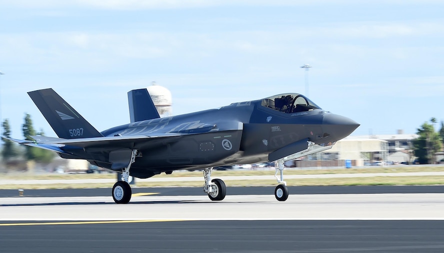 The first Norwegian F-35 Lightning II lands at Luke Air Force Base, Ariz., Nov. 10, 2015. The jet marks the scheduled arrival of the first of two F-35s for the Royal Norwegian Air Force, making Norway the newest partner in the international F-35 joint partnership program at Luke. (U.S. Air Force photo/Staff Sgt. Marcy Copeland)