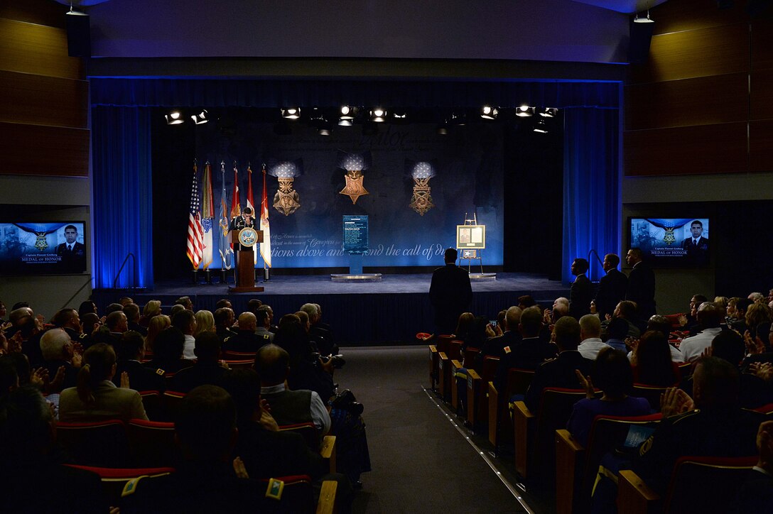 Medal of Honor recipient, retired Army Capt. Florent A. Groberg makes remarks during his Hall of Heroes induction ceremony at the Pentagon, Nov. 13, 2015. DoD photo by Army Sgt. 1st Class Clydell Kinchen