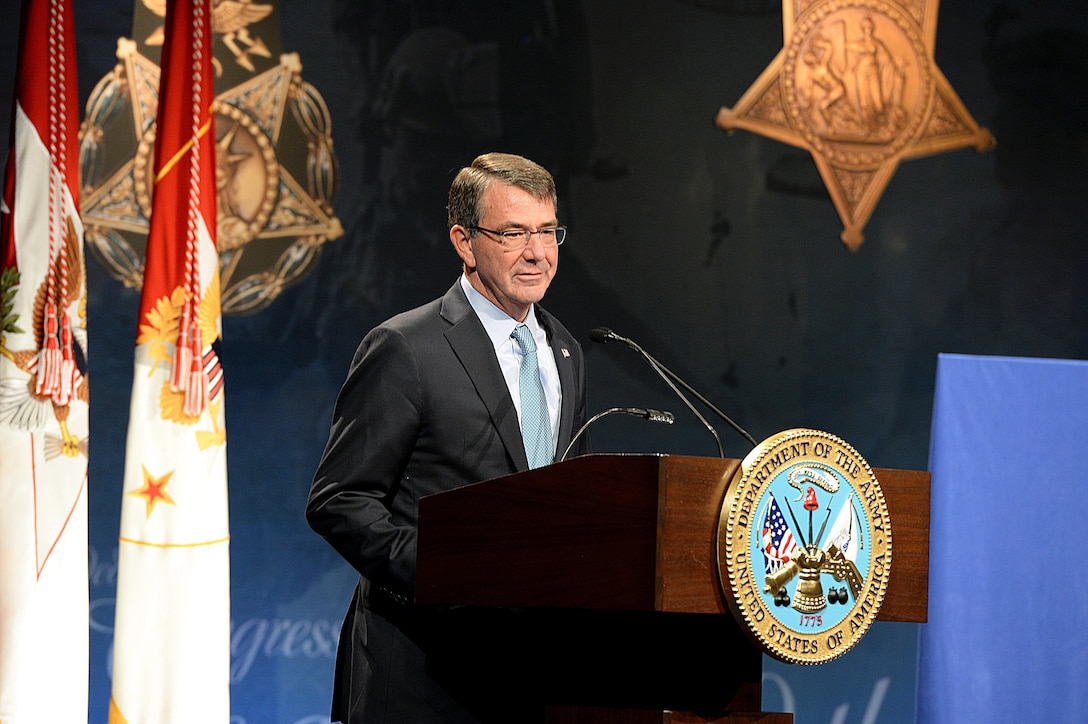 Defense Secretary Ash Carter makes remarks during the Hall of Heroes induction ceremony for Medal of Honor recipient, retired Army Capt. Florent Groberg at the Pentagon, Nov. 13, 2015. DoD photo by Army Sgt. 1st Class Clydell Kinchen