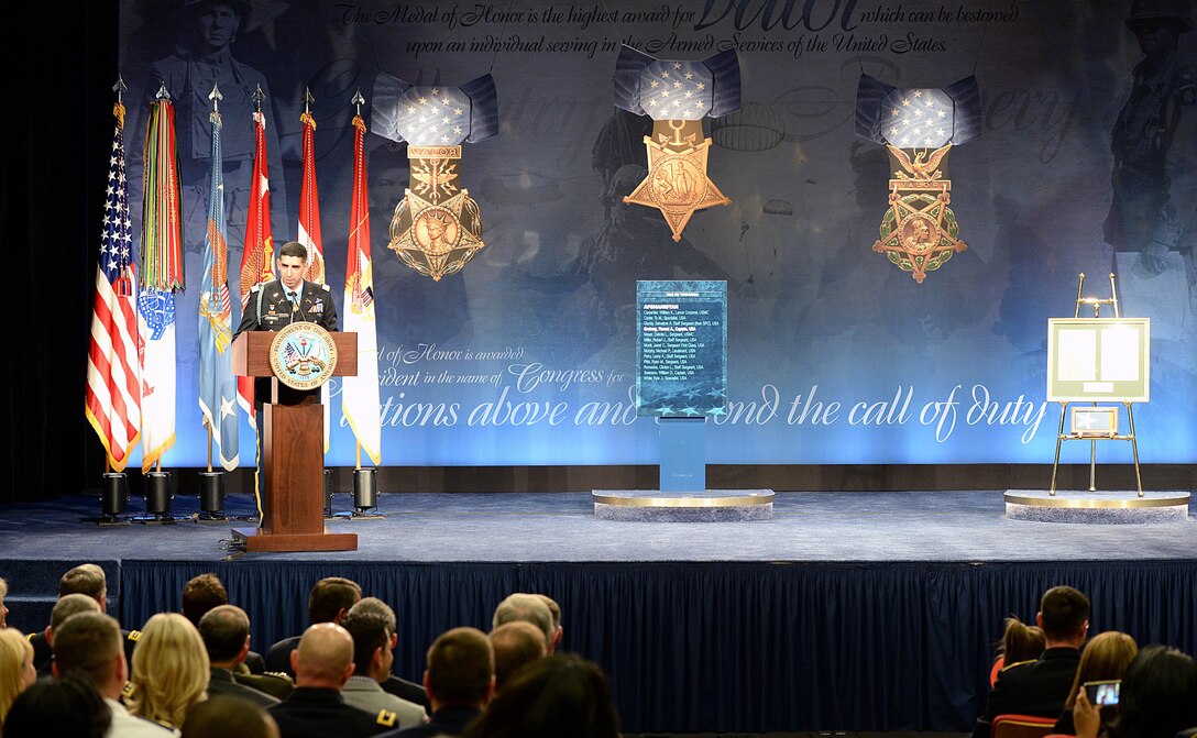 Medal of Honor recipient, retired Army Capt. Florent A. Groberg makes remarks during his Hall of Heroes induction ceremony at the Pentagon, Nov. 13, 2015. DoD photo by Army Sgt. 1st Class Clydell Kinchen    