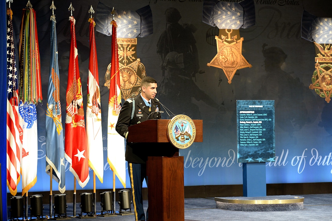 Medal of Honor recipient, retired Army Capt. Florent A. Groberg makes remarks during his Hall of Heroes induction ceremony at the Pentagon, Nov. 13, 2015. DoD photo by Army Sgt. 1st Class Clydell Kinchen 