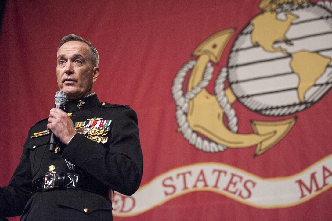 Marine Corps Gen. Joseph F. Dunford Jr., chairman of the Joint Chiefs of Staff, delivers remarks at the Boston Semper Fidelis Society Birthday Luncheon in Boston, Nov. 13, 2015. DoD photo by Navy Petty Officer 2nd Class Dominique A. Pineiro