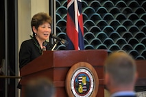 151110-N-IU636-266 HONOLULU (Nov. 10, 2015) Carol Fukanaga, member of the Honolulu City Council in Hawaii, delivers remarks to those in attendance during a war memorial plaque rededication ceremony at the Neal S. Blaisdell Center in Honolulu. The ceremony served to remember, preserve and rededicate the center as a war memorial with the unveiling of a new memorial plaque. The original plaque is believed to have gone missing some time by 1970. On Sept. 12, 1964, the Neal S. Blaisdell Center, formerly the Honolulu International Center, was dedicated as a living memorial to all of Hawaii's war veterans and war dead. (U.S. Navy photo by Mass Communication Specialist 2nd Class Johans Chavarro/Released)