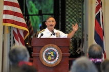 151110-N-IU636-299 HONOLULU (Nov. 10, 2015) Adm. Harry B. Harris Jr., commander of U.S. Pacific Command, delivers remarks to those in attendance during a war memorial plaque rededication ceremony at the Neal S. Blaisdell Center in Honolulu. The ceremony served to remember, preserve and rededicate the center as a war memorial with the unveiling of a new memorial plaque. The original plaque is believed to have gone missing some time by 1970. On Sept. 12, 1964, the Neal S. Blaisdell Center, formerly the Honolulu International Center, was dedicated as a living memorial to all of Hawaii's war veterans and war dead. (U.S. Navy photo by Mass Communication Specialist 2nd Class Johans Chavarro/Released)