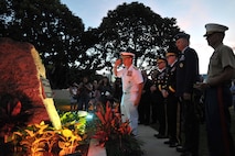 151110-N-IU636-696 HONOLULU (Nov. 10, 2015) Adm. Harry B. Harris Jr., commander of U.S. Pacific Command, salutes the new war memorial plaque unveiled at the Neal S. Blaisdell Center in Honolulu during a war memorial plaque rededication ceremony. The ceremony served to remember, preserve and rededicate the center as a war memorial with the unveiling of a new memorial plaque. The original plaque is believed to have gone missing some time by 1970. On Sept. 12, 1964, the Neal S. Blaisdell Center, formerly the Honolulu International Center, was dedicated as a living memorial to all of Hawaii's war veterans and war dead. (U.S. Navy photo by Mass Communication Specialist 2nd Class Johans Chavarro/Released)
