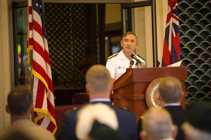 Adm. Harry Harris, U.S. Pacific Command commander, addresses veterans in attendance during the War Memorial Plaque Rededication Ceremony at the Neal S. Blaisdell Center in Honolulu, Nov. 10, 2015. Harris was one of the guest speakers for the ceremony in which he stated, “Any nation that does not honor its heroes will not endure.” The Neal S. Blaisdell Center was dedicated as a war memorial in 1964, but its plaque went missing. The new plaque was dedicated to revitalize and preserve the war memorial heritage. (U.S. Marine Corps photo by Lance Cpl. Jonathan E. LopezCruet)