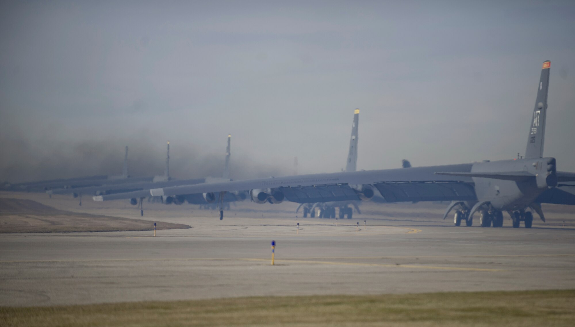 B-52 Stratofortress bombers assigned to Air Force Global Strike Command (AFGSC) taxi on the flight line at Minot Air Force Base, N.D., Nov. 8, 2015, during Exercise GLOBAL THUNDER 16. AFGSC supports USSTRATCOM’s global strike and nuclear deterrence missions by providing strategic assets, including bombers like the B-52 and B-2, to ensure a safe, secure, effective and ready deterrent force. GLOBAL THUNDER is an annual U.S. Strategic Command training event that assesses command and control functionality in all USSTRATCOM mission areas and affords component commands a venue to evaluate their joint operational readiness. Planning for GLOBAL THUNDER 16 has been underway for more than a year and is based on a notional scenario with fictitious adversaries. One of nine DoD unified combatant commands, USSTRATCOM has global strategic missions, assigned through the Unified Command Plan, which also include; space operations; cyberspace operations; joint electronic warfare; missile defense; intelligence, surveillance and reconnaissance; combating weapons of mass destruction; and analysis and targeting. (U.S. Air Force photo by Airman 1st Class Christian Sullivan)