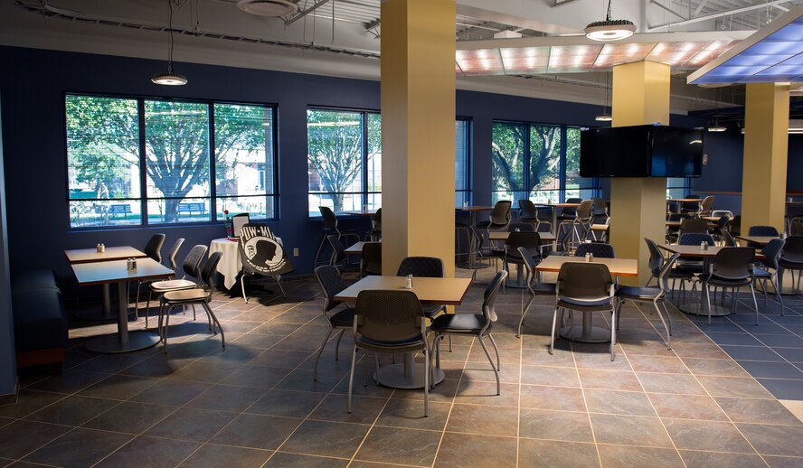 Chairs and tables rest in the Georgia Pines Dining Facility, Nov. 13, 2015, at Moody Air Force Base, Ga. Georgia Pines will be serving its first meal Sunday, Nov. 15. (U.S. Air Force photo/Tech. Sgt. Zachary Wolf)