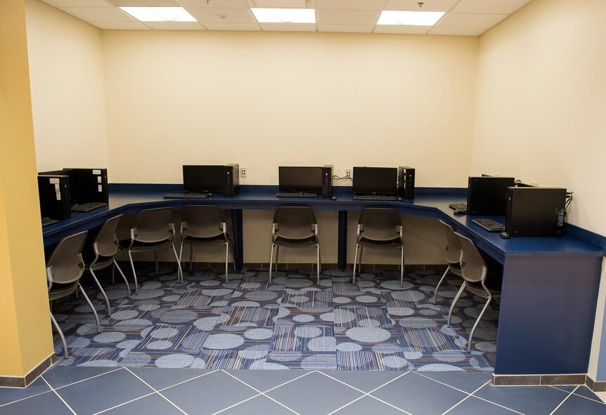 Computers rest in the Georgia Pines Dining Facility, Nov. 13, 2015, at Moody Air Force Base, Ga. One of the ideas integrated into the new facility was that of an internet cafe for the Airmen. (U.S. Air Force photo/Tech. Sgt. Zachary Wolf)