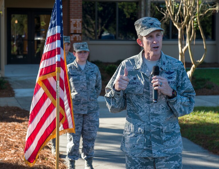 Col. Thomas Kunkel, 23d Wing commander, addresses the crowd during the Georgia Pines Dining Facility ribbon cutting ceremony, Nov. 13, 2015, at Moody Air Force Base, Ga. Georgia Pines will be serving its first meal Sunday, Nov. 15. (U.S. Air Force photo/Tech. Sgt. Zachary Wolf)