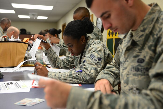 Airmen review deployment eligibility folders at the personnel deployment function flight Nov. 4, 2015, at Beale Air Force Base, California, reviews deployment eligibility for Airmen Nov. 4, 2015, at Beale Air Force Base, California, during U.S. Strategic Command’s (USSTRATCOM) Exercise GLOBAL THUNDER 16. Beale AFB is home to the 9th Reconnaissance Wing, which enhances USSTRATCOM’s intelligence, surveillance and reconnaissance mission by providing mission-ready aircraft to detect and deter strategic threats against the U.S. and its allies in support of the command’s Task Force 204. GLOBAL THUNDER is an annual U.S. Strategic Command training event that assesses command and control functionality in all USSTRATCOM mission areas and affords component commands a venue to evaluate their joint operational readiness. Planning for GLOBAL THUNDER 16 has been under way for more than a year and is based on a notional scenario with fictitious adversaries. One of nine DoD unified combatant commands, USSTRATCOM has global strategic missions, assigned through the Unified Command Plan, which also include strategic deterrence; space operations; cyberspace operations; joint electronic warfare; global strike; missile defense; combating weapons of mass destruction; and analysis and targeting.  The exercise involved various base agencies practicing readiness techniques for mass deployments. (U.S. Air Force photo by Senior Airman Bobby Cummings) 