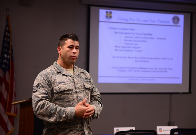 Staff Sgt. Derrick Lehner, 9th Reconnaissance Wing Chaplain’s assistant, briefs Airmen Nov. 4, 2015, at Beale Air Force Base, California, during U.S. Strategic Command’s (USSTRATCOM) Exercise GLOBAL THUNDER 16. Beale AFB is home to the 9th Reconnaissance Wing, which enhances USSTRATCOM’s intelligence, surveillance and reconnaissance mission by providing mission-ready aircraft to detect and deter strategic threats against the U.S. and its allies in support of the command’s Task Force 204. GLOBAL THUNDER is an annual U.S. Strategic Command training event that assesses command and control functionality in all USSTRATCOM mission areas and affords component commands a venue to evaluate their joint operational readiness. Planning for GLOBAL THUNDER 16 has been under way for more than a year and is based on a notional scenario with fictitious adversaries. One of nine DoD unified combatant commands, USSTRATCOM has global strategic missions, assigned through the Unified Command Plan, which also include strategic deterrence; space operations; cyberspace operations; joint electronic warfare; global strike; missile defense; combating weapons of mass destruction; and analysis and targeting.  The exercise involved various base agencies practicing readiness techniques for mass deployments. (U.S. Air Force photo by Senior Airman Bobby Cummings)