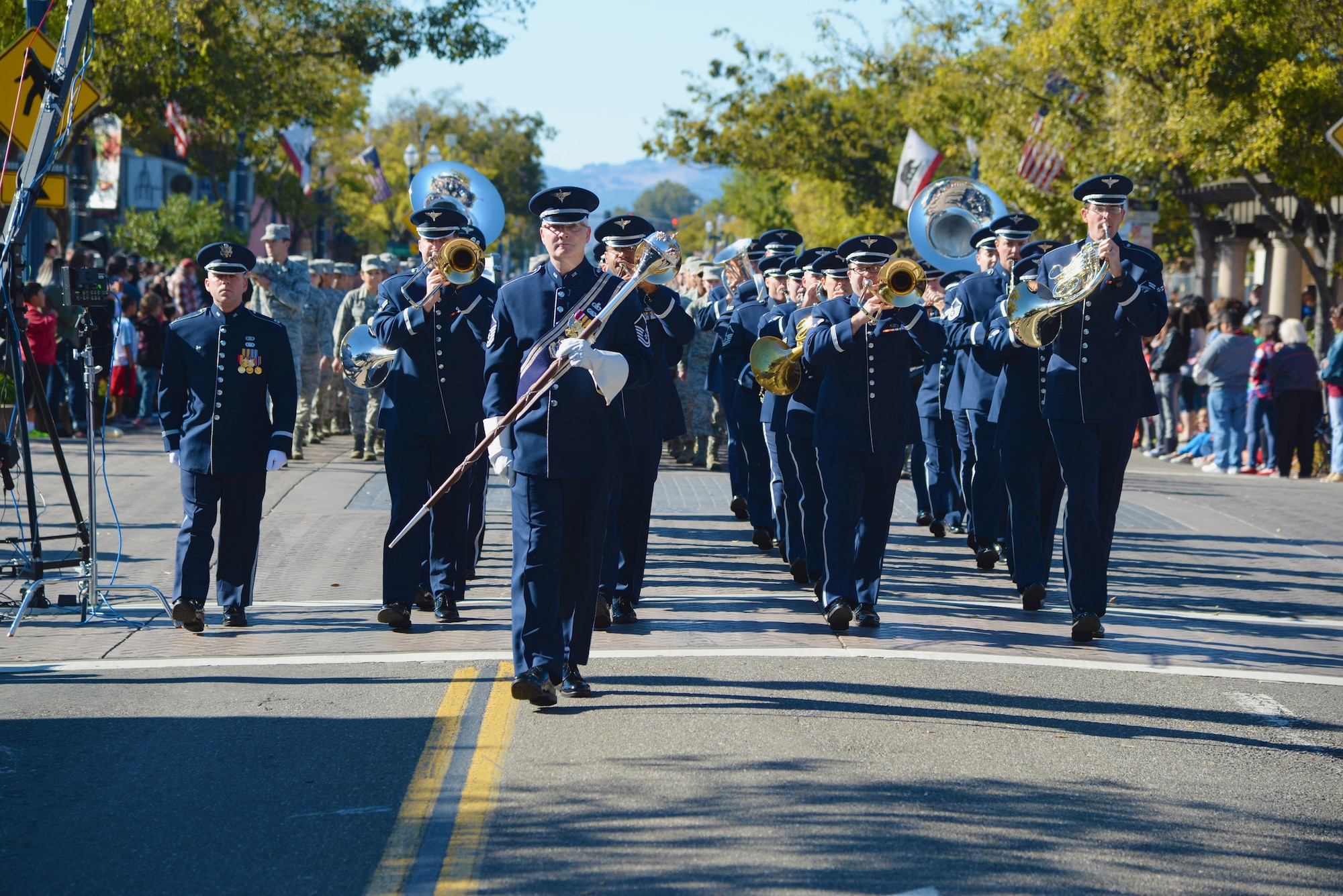 The Band of the Golden West from Travis Air Force Base, Calif., marched and played patriotic tunes Nov. 11 during the annual Fairfield, Calif., Veterans Day Parade. (U.S. Air Force photo by Master Sgt. Brian Lamar)